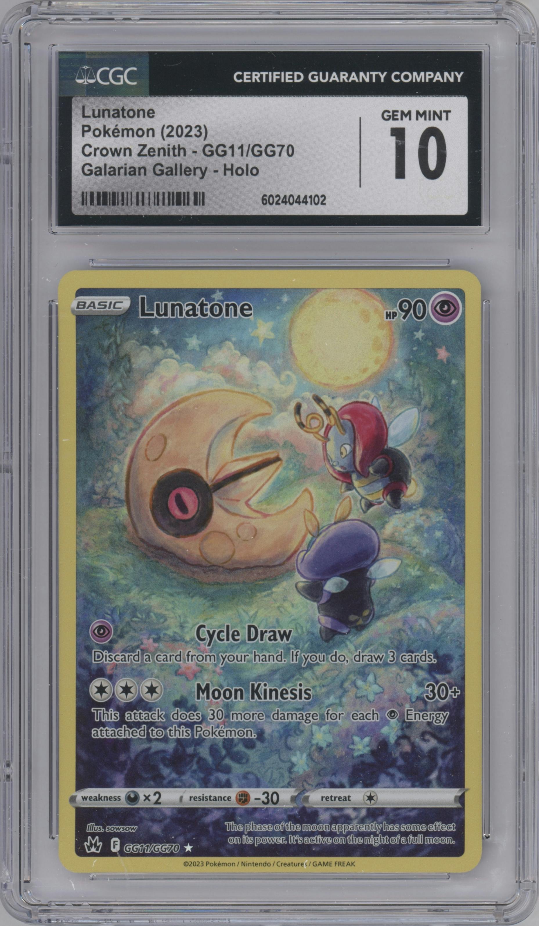 Lunatone from the 2023 Pokemon SWSH set graded by CSG and given an overall grade of 10.