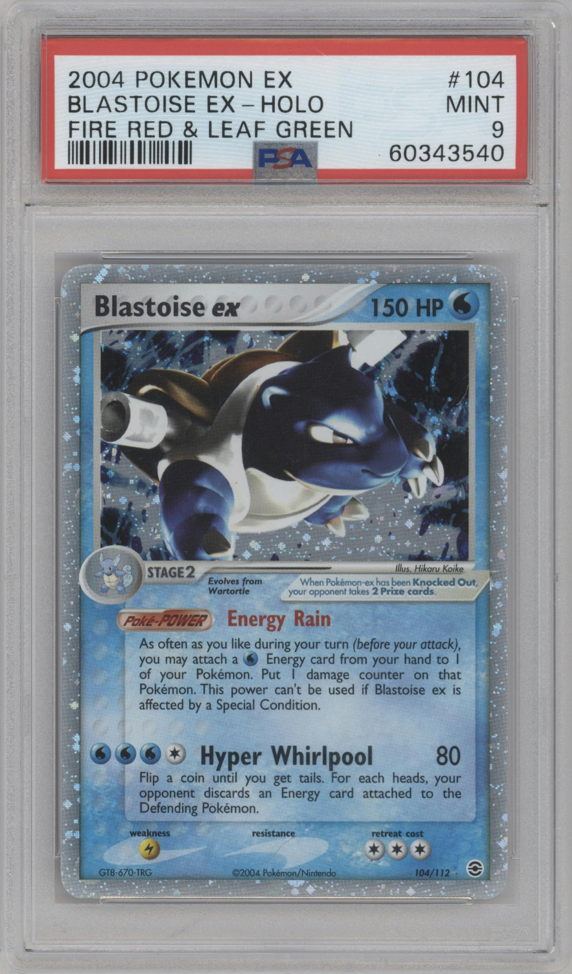 Blastoise ex from the 2004 Pokemon EX set graded by PSA and given an overall grade of 9.