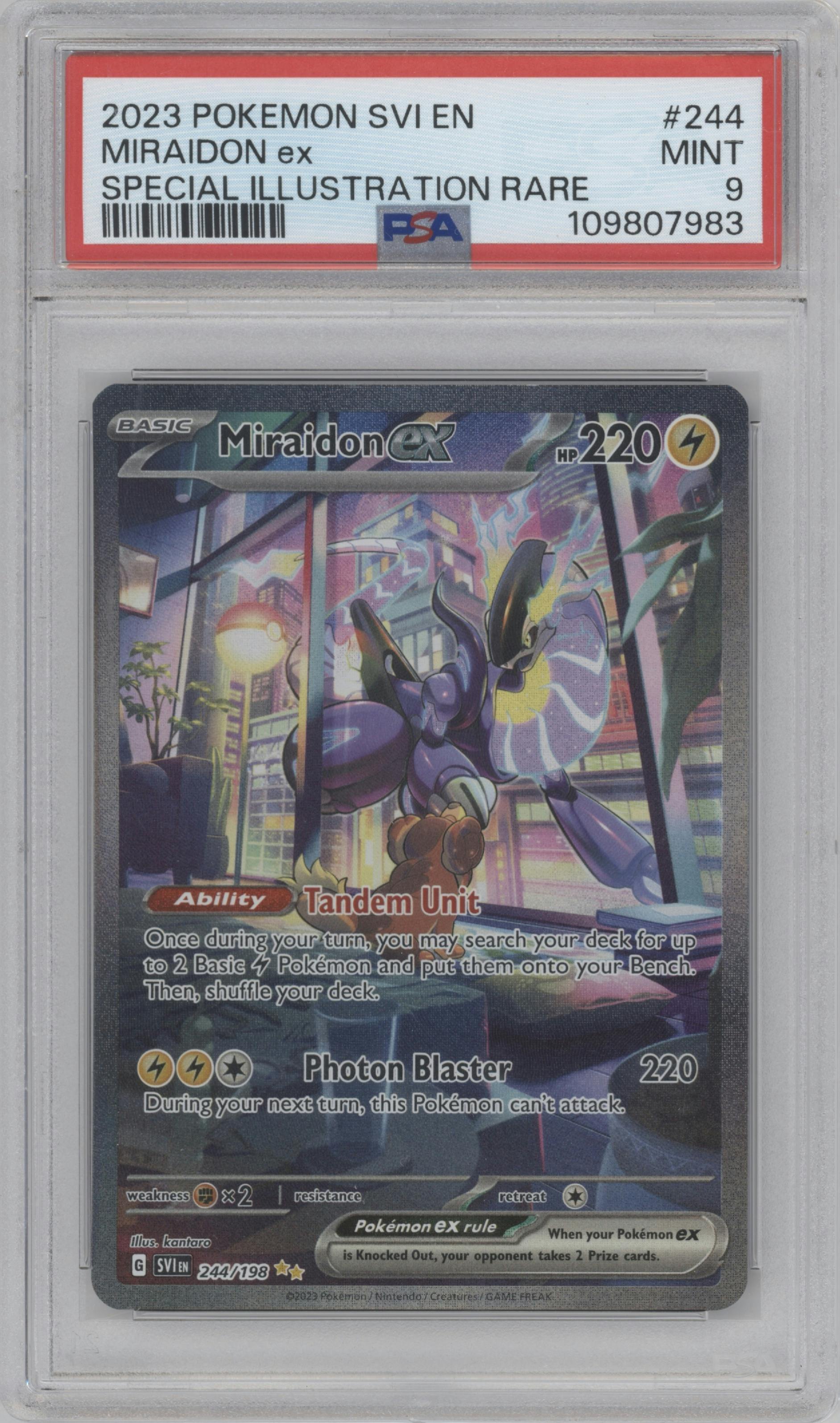 Miraidon ex from the 2023 Pokemon SV set graded by PSA and given an overall grade of 9.