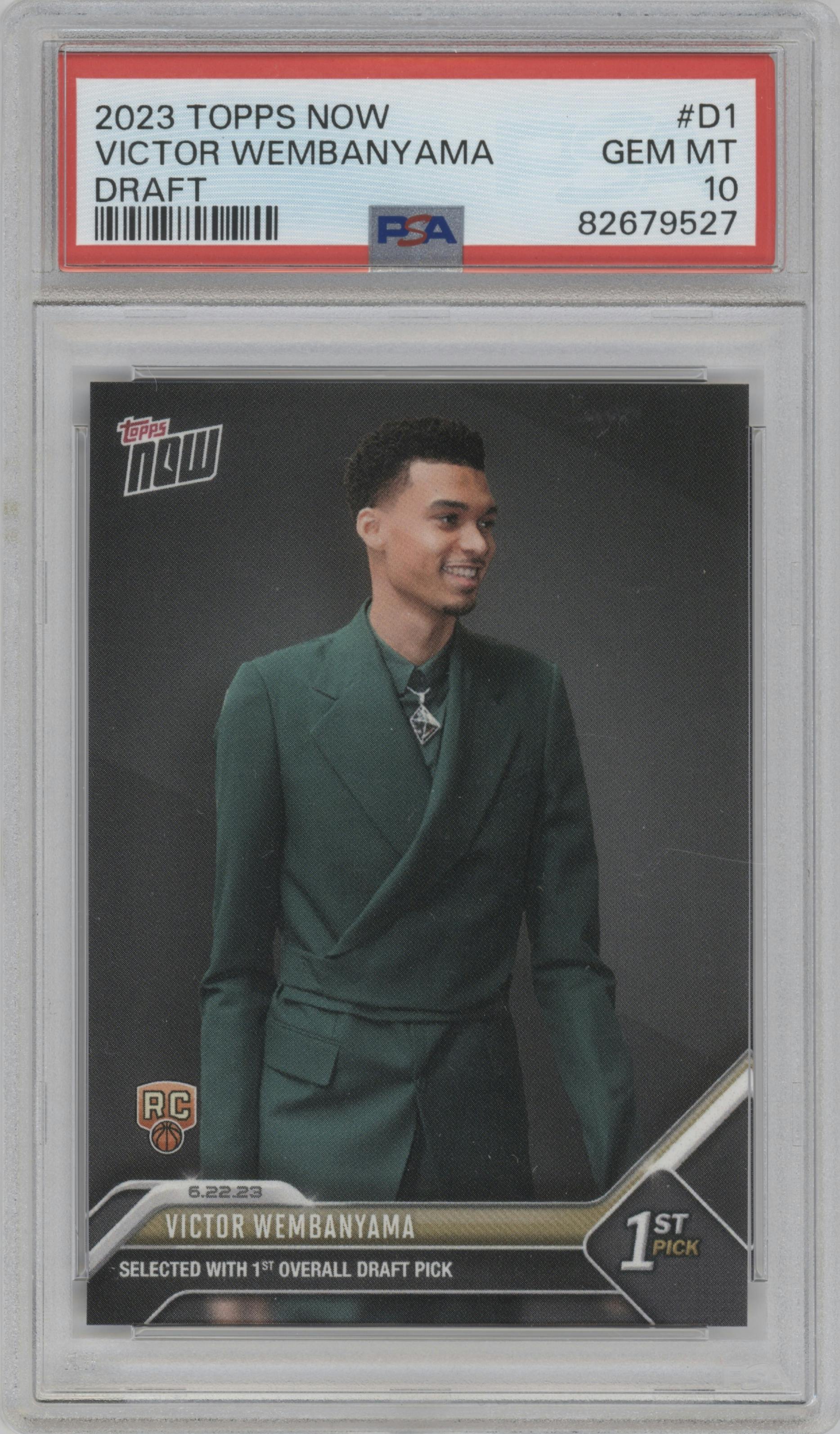 Victor Wembanyama from the 2023 Topps Now
 set graded by PSA and given an overall grade of 10.