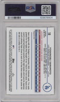 Yoshinobu Yamamoto from the 2024 Topps Chrome set featuring a Gold Wave Refractor parallel graded by PSA and given an overall grade of 9.