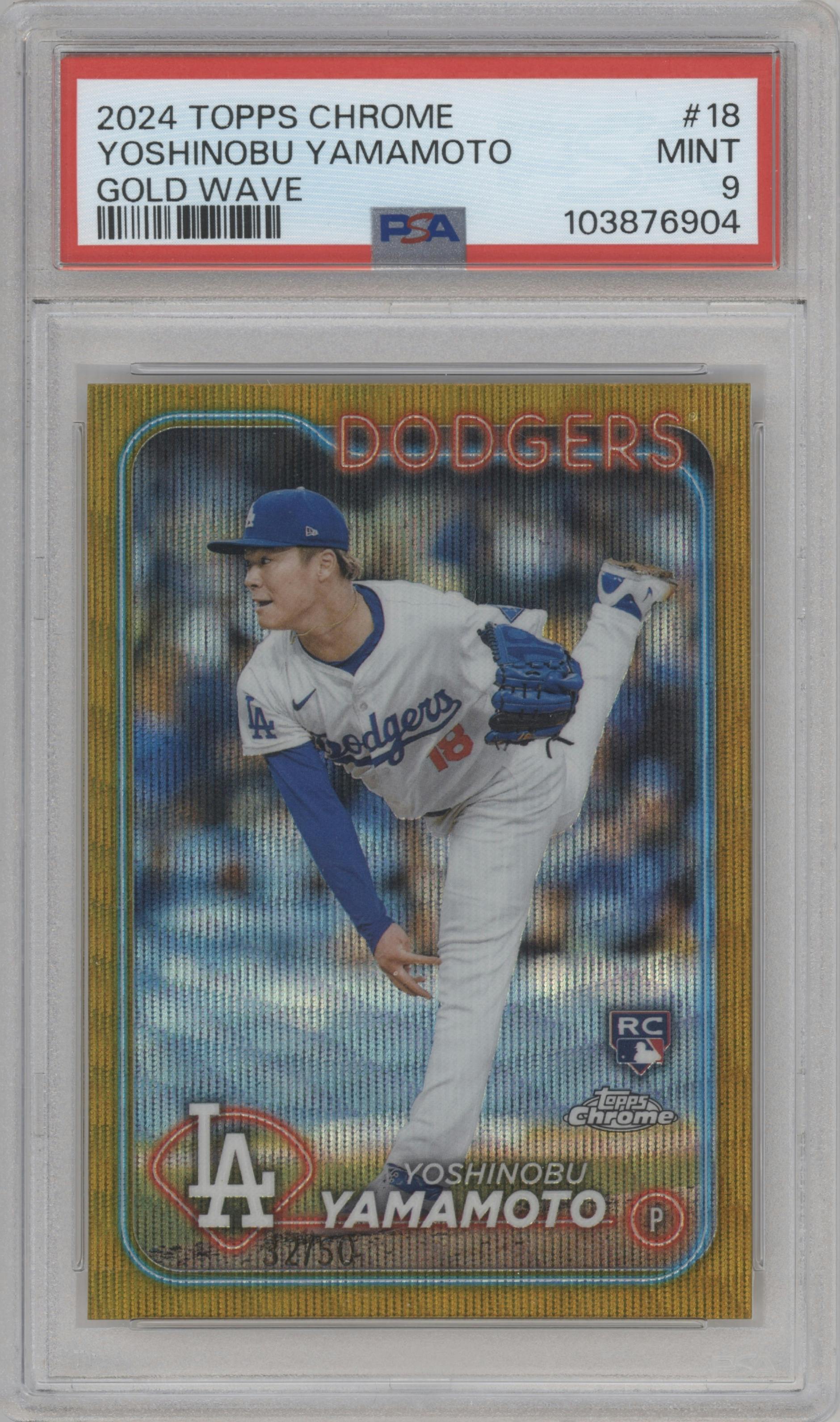 Yoshinobu Yamamoto from the 2024 Topps Chrome set featuring a Gold Wave Refractor parallel graded by PSA and given an overall grade of 9.