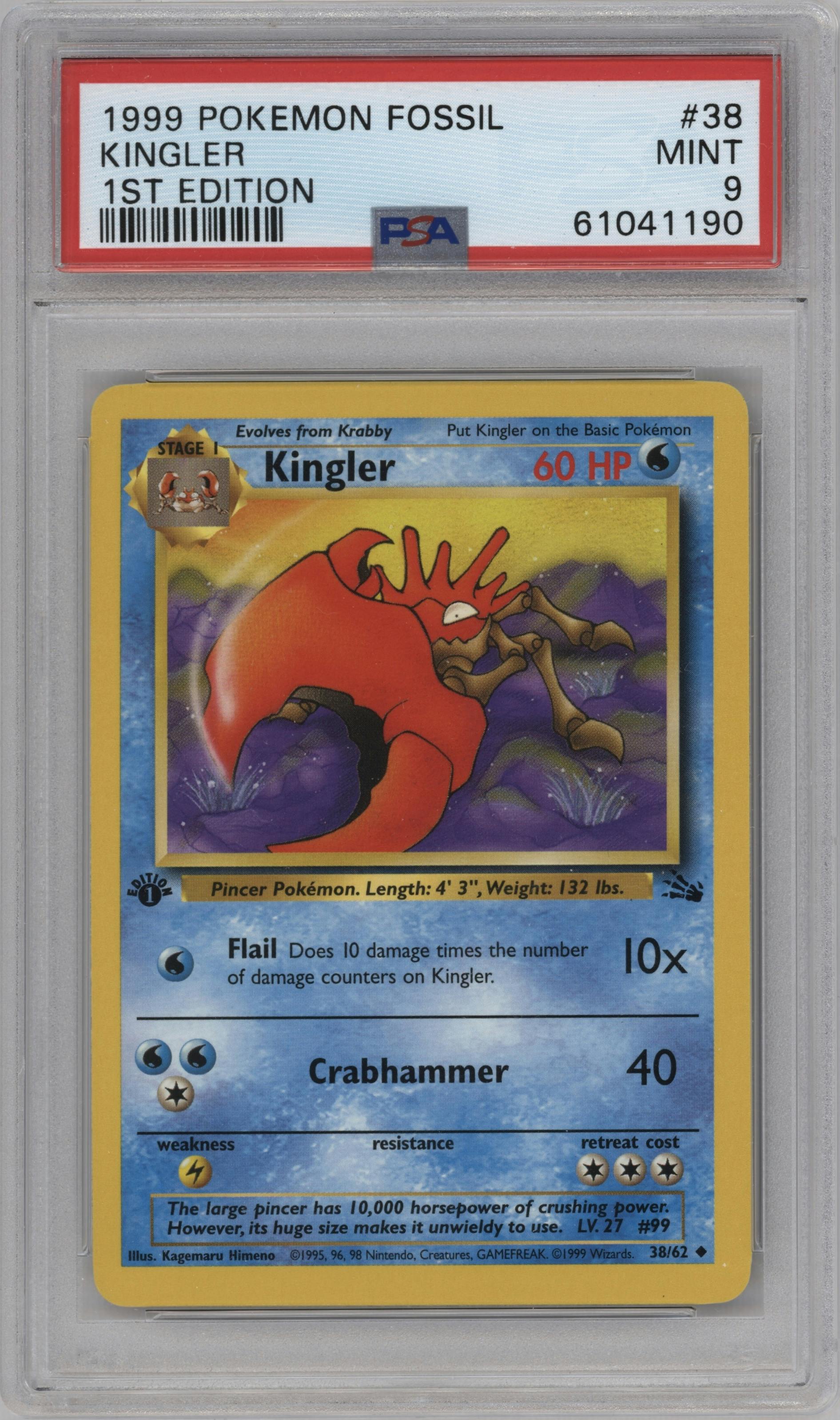 Kingler from the 1999 Pokemon set graded by PSA and given an overall grade of 9.