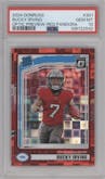 Bucky Irving from the 2024 Donruss set featuring a Red Pandora parallel graded by PSA and given an overall grade of 10.