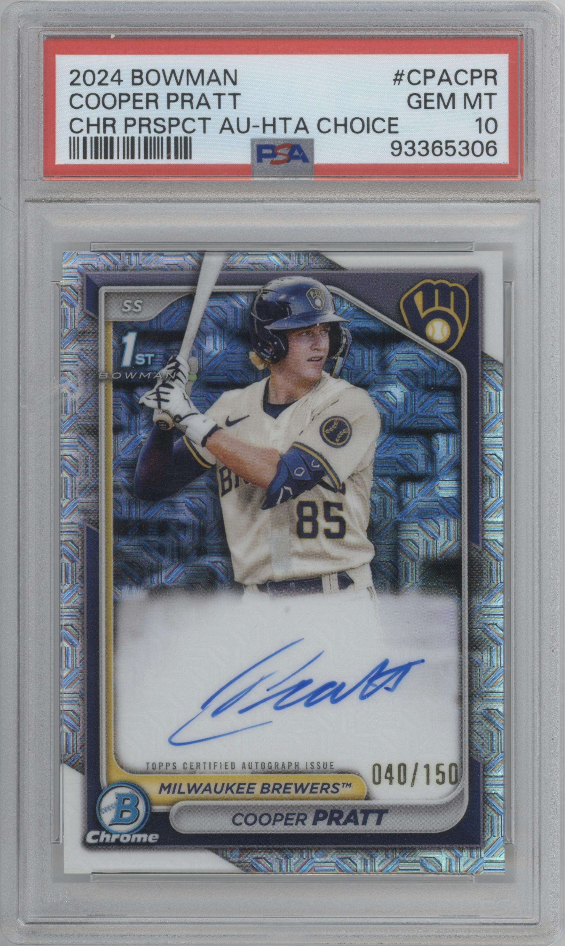 Cooper Pratt from the 2024 Bowman set featuring a HTA Choice parallel graded by PSA and given an overall grade of 10.
