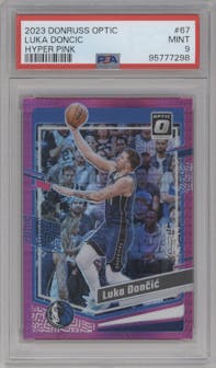 Luka Doncic from the 2023-24 Donruss Optic set featuring a Hyper Pink  parallel graded by PSA and given an overall grade of 9.