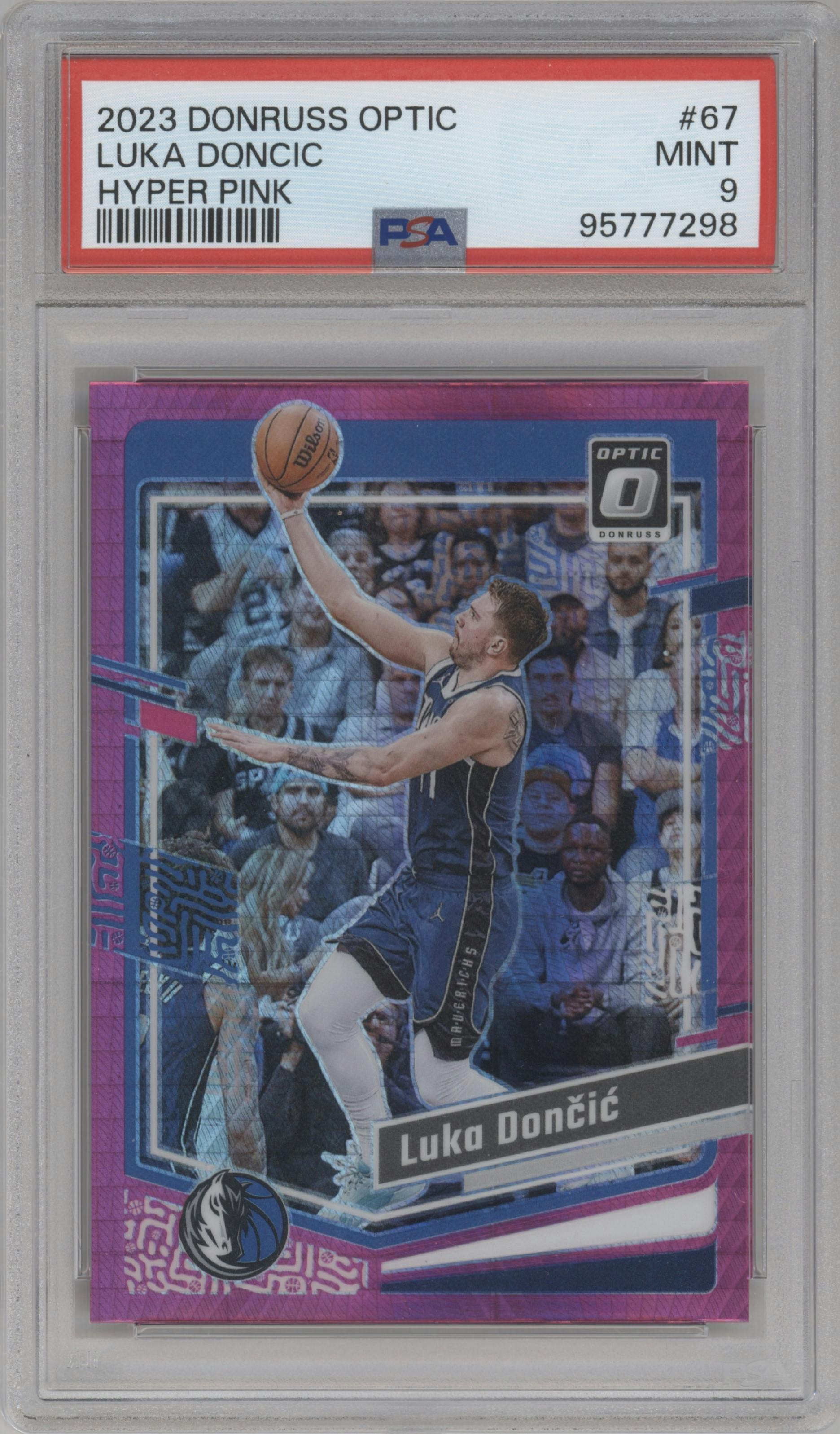 Luka Doncic from the 2023-24 Donruss Optic set featuring a Hyper Pink  parallel graded by PSA and given an overall grade of 9.
