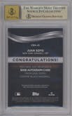 Juan Soto from the  2024 Topps Chrome Black set featuring a Orange Refractor parallel graded by Beckett and given an overall grade of 9.5.