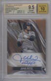 Juan Soto from the  2024 Topps Chrome Black set featuring a Orange Refractor parallel graded by Beckett and given an overall grade of 9.5.