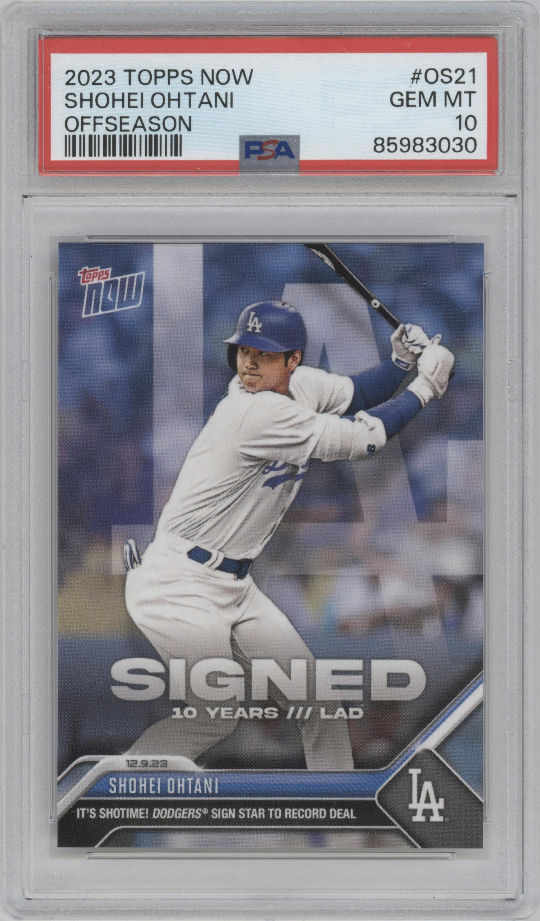 Shohei Ohtani from the 2023 Topps Now set graded by PSA and given an overall grade of 10.