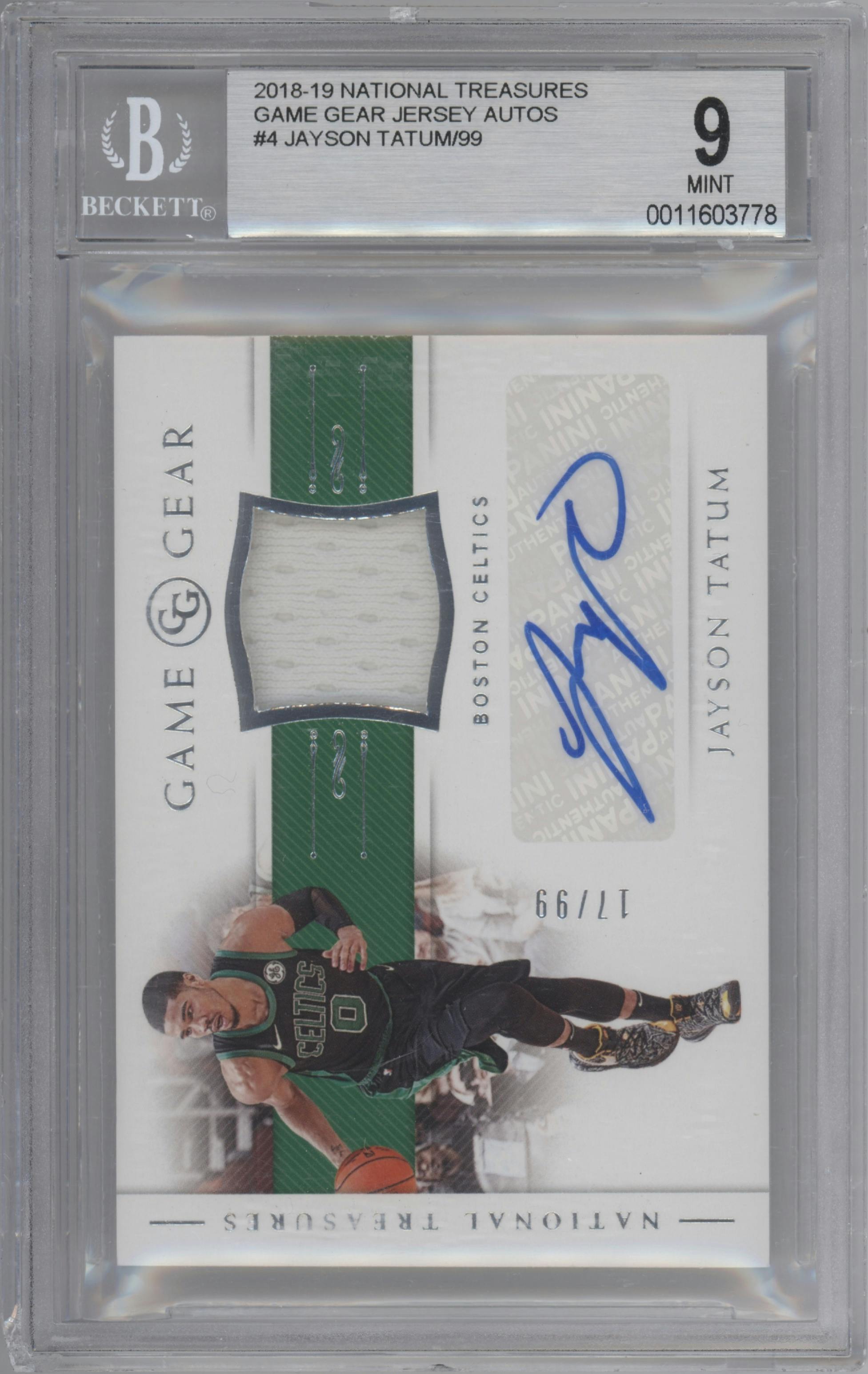 Jayson Tatum from the 2018-19 Panini National Treasures set graded by Beckett and given an overall grade of 9.