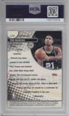 Tim Duncan from the 1999-00 Topps Finest set featuring a Refractor parallel graded by PSA and given an overall grade of 9.