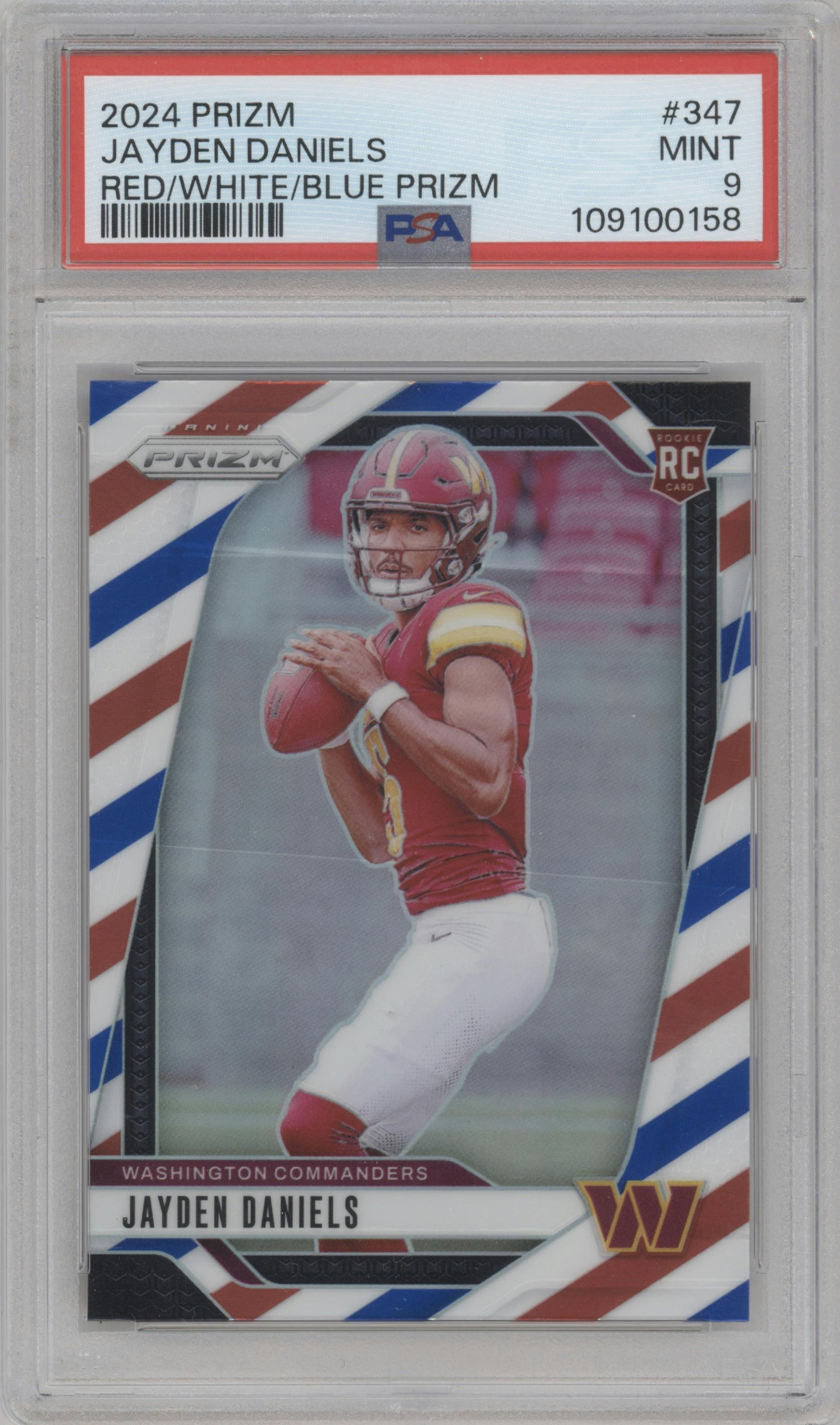 Jayden Daniels from the 2024 Panini Prizm set featuring a Red/White/Blue Prizm parallel graded by PSA and given an overall grade of 9.