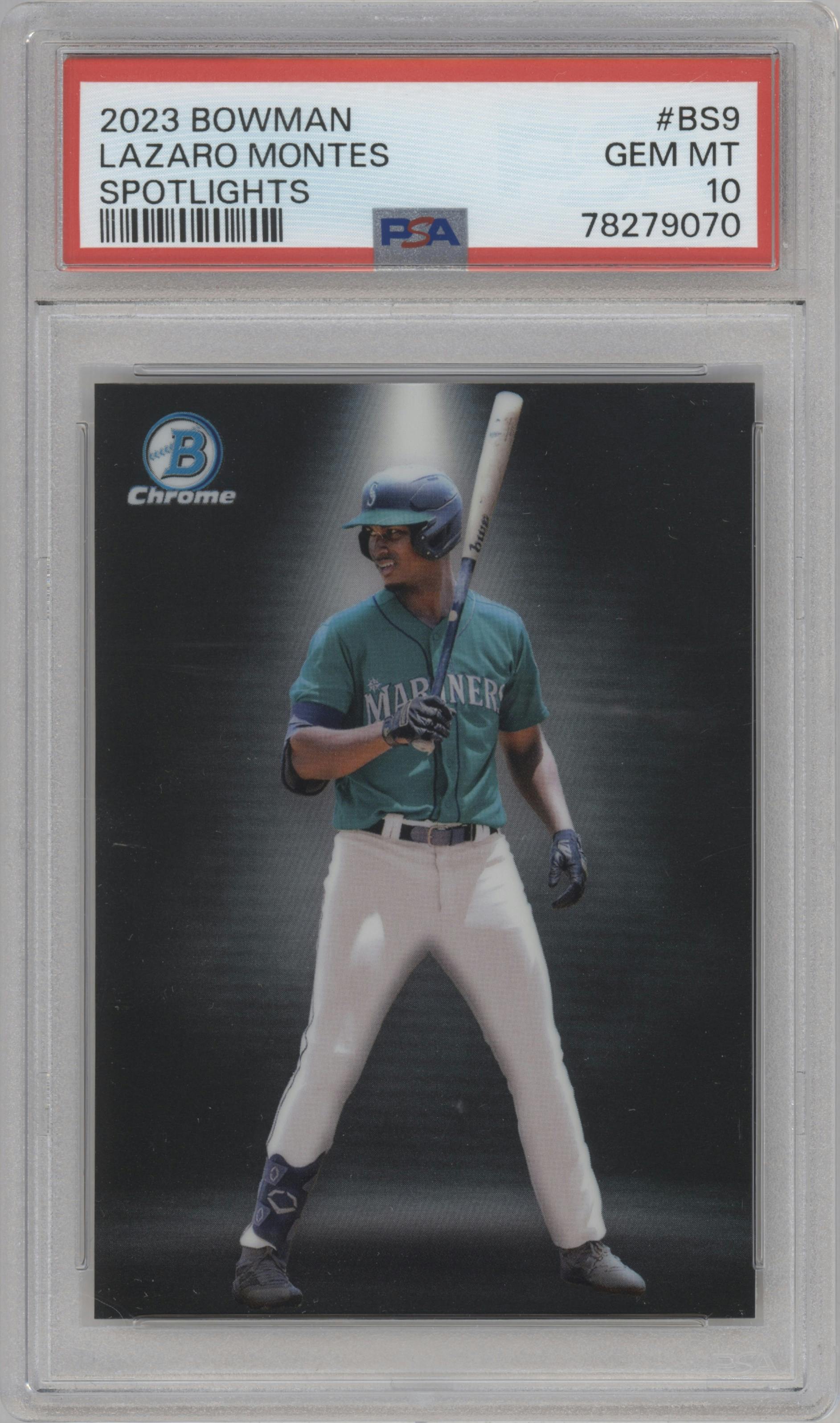 Lazaro Montes from the 2023 Bowman  set graded by PSA and given an overall grade of 10.
