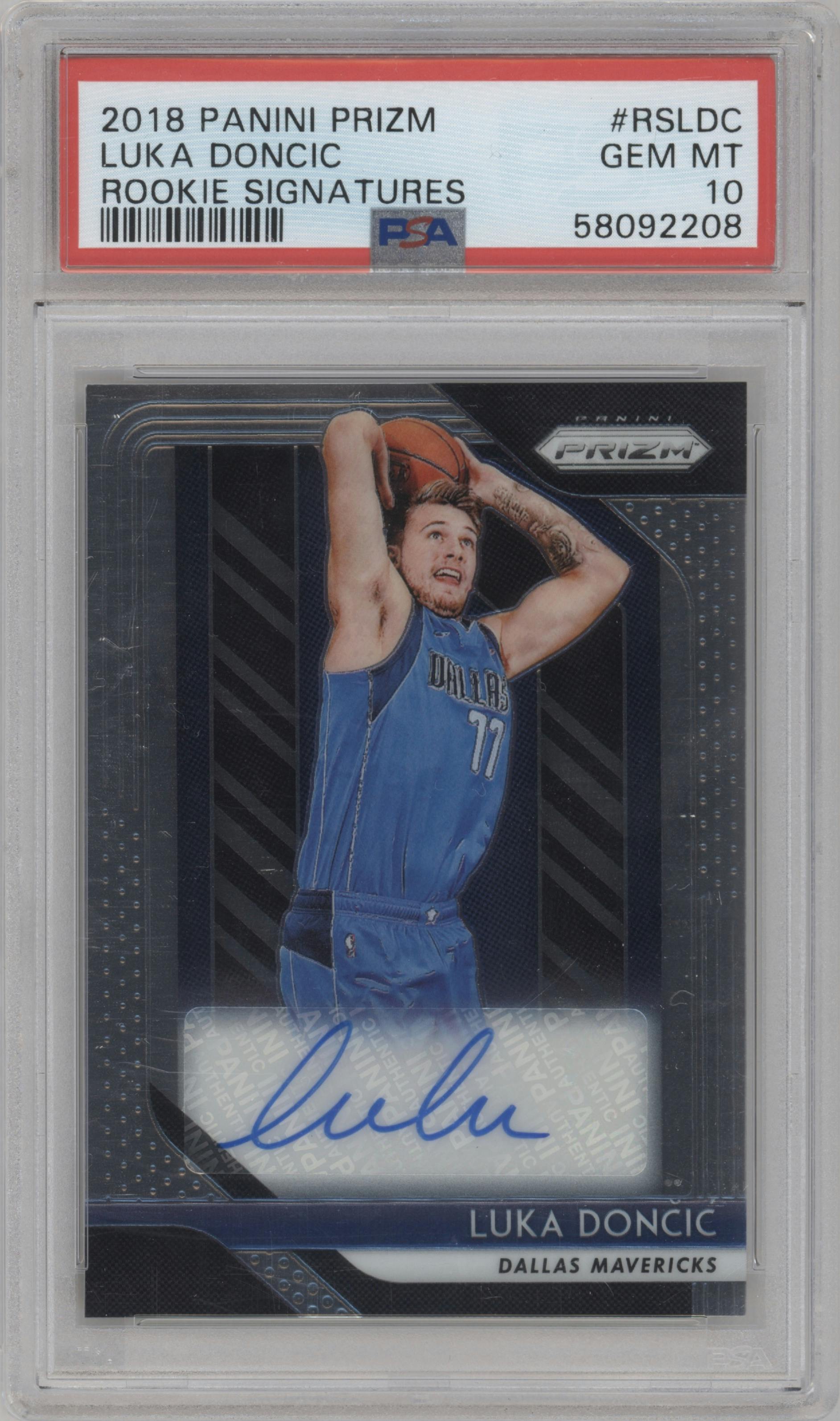 Luka Doncic from the 2018-19 Panini Prizm set graded by PSA and given an overall grade of 10.