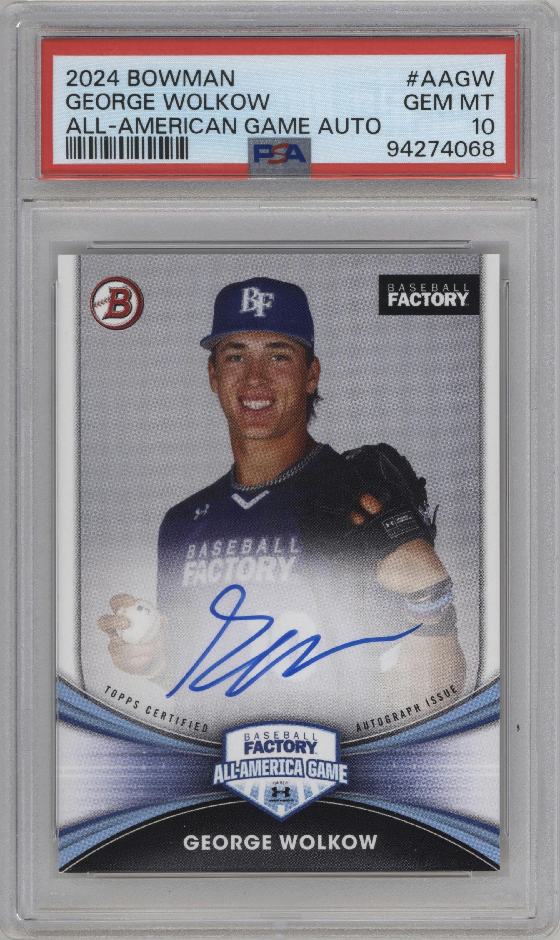 George Wolkow from the 2024 Bowman set graded by PSA and given an overall grade of 10.