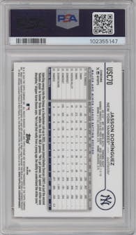 Jasson Dominguez from the 2024 Topps Chrome Update set featuring a Orange Speckle Refractors parallel graded by PSA and given an overall grade of 10.