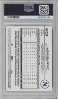 Jasson Dominguez from the 2024 Topps Chrome Update set featuring a Orange Speckle Refractors parallel graded by PSA and given an overall grade of 10.