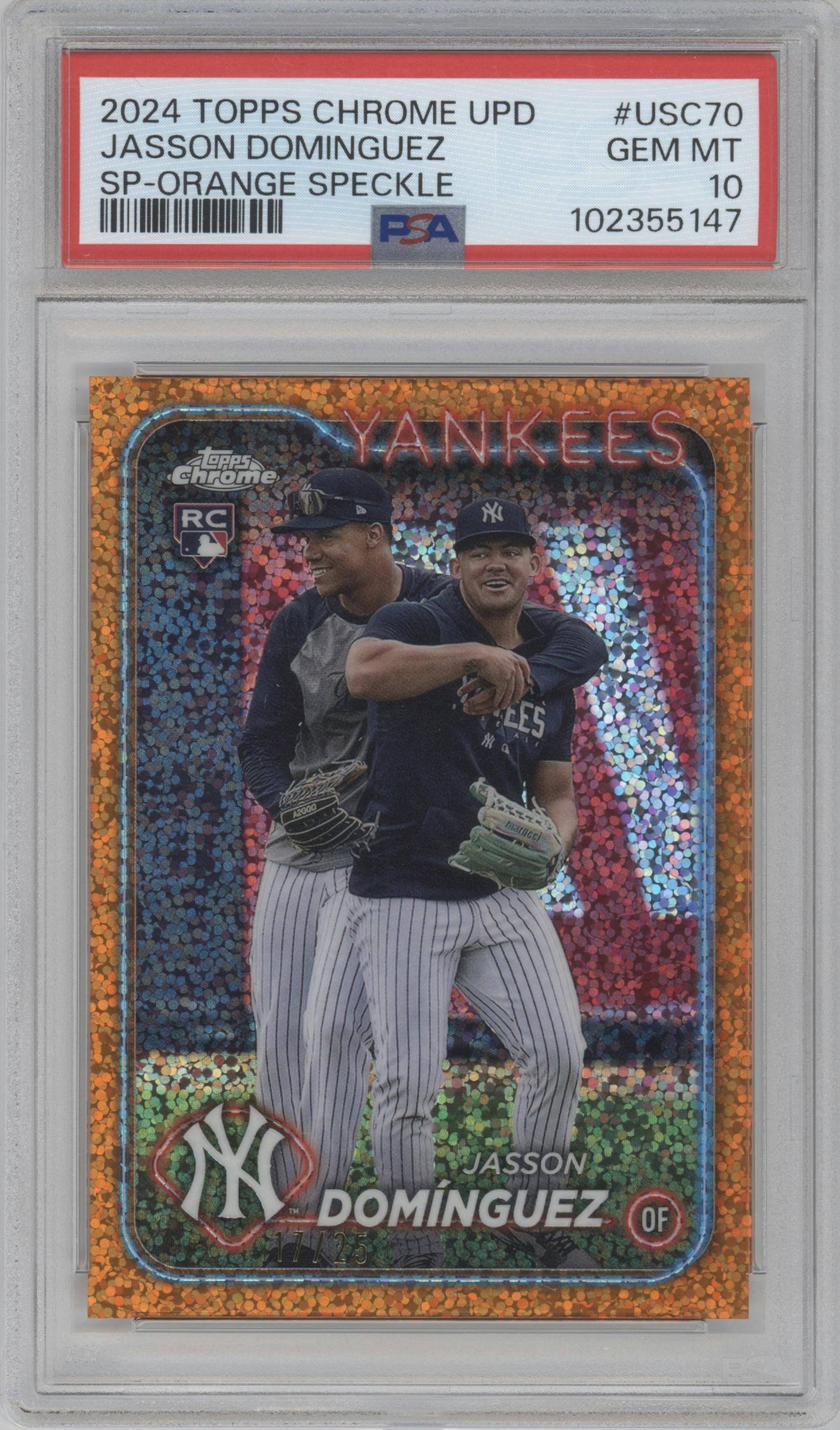 Jasson Dominguez from the 2024 Topps Chrome Update set featuring a Orange Speckle Refractors parallel graded by PSA and given an overall grade of 10.