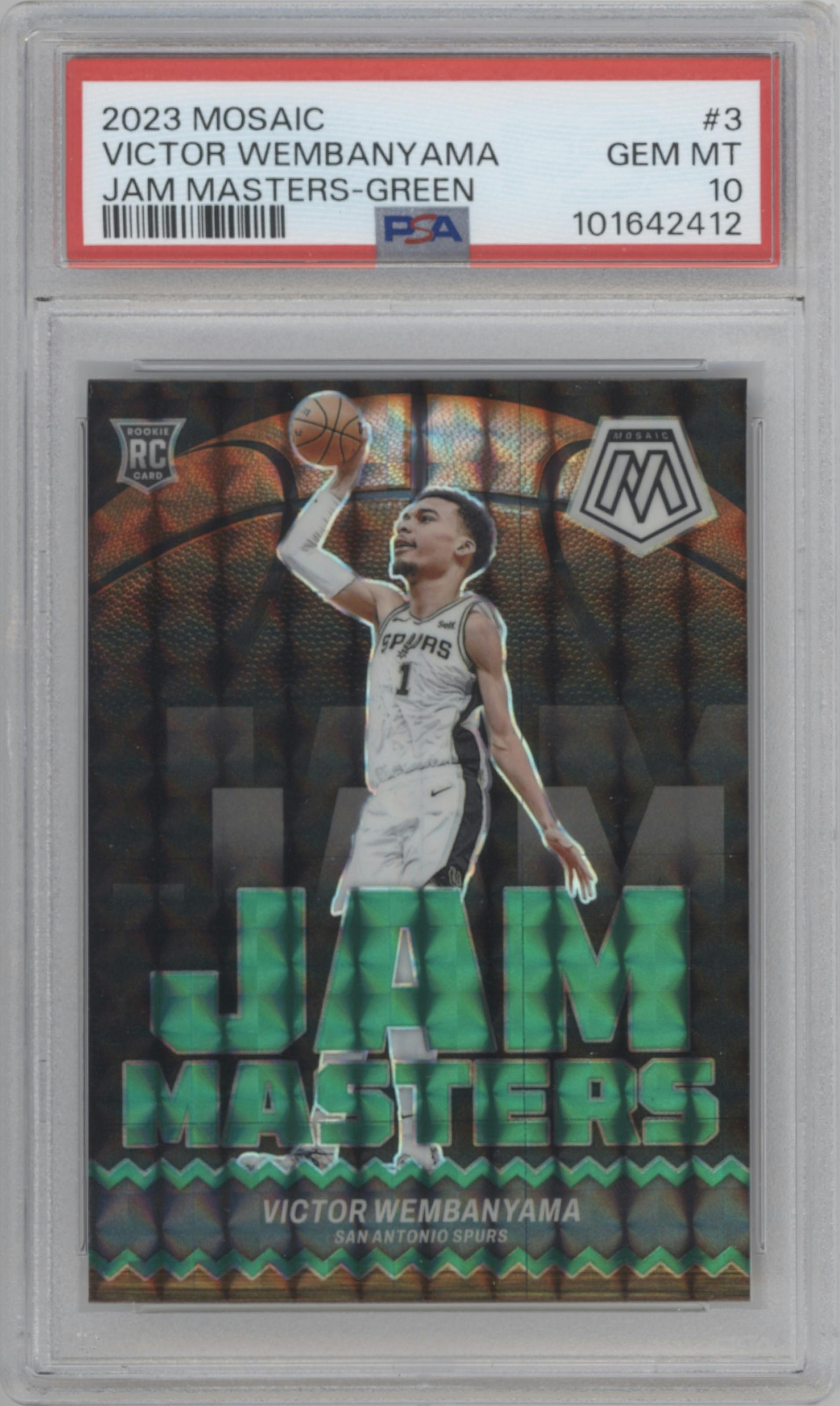 Victor Wembanyama from the 2023-24 Panini Mosaic set featuring a Green Mosaic parallel graded by PSA and given an overall grade of 10.