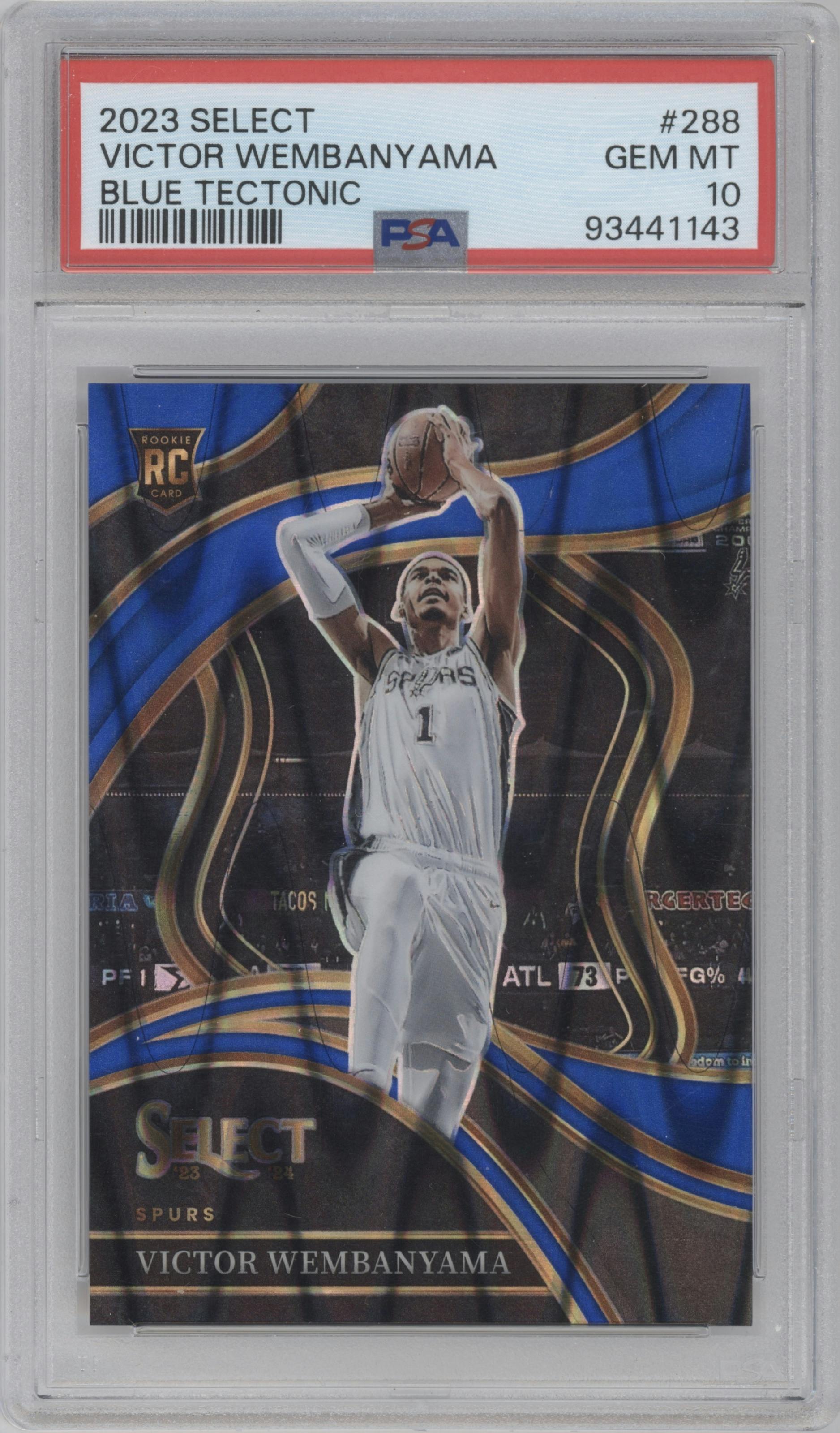 Victor Wembanyama from the 2023-24 Panini Select  set featuring a Blue Tectonic parallel graded by PSA and given an overall grade of 10.