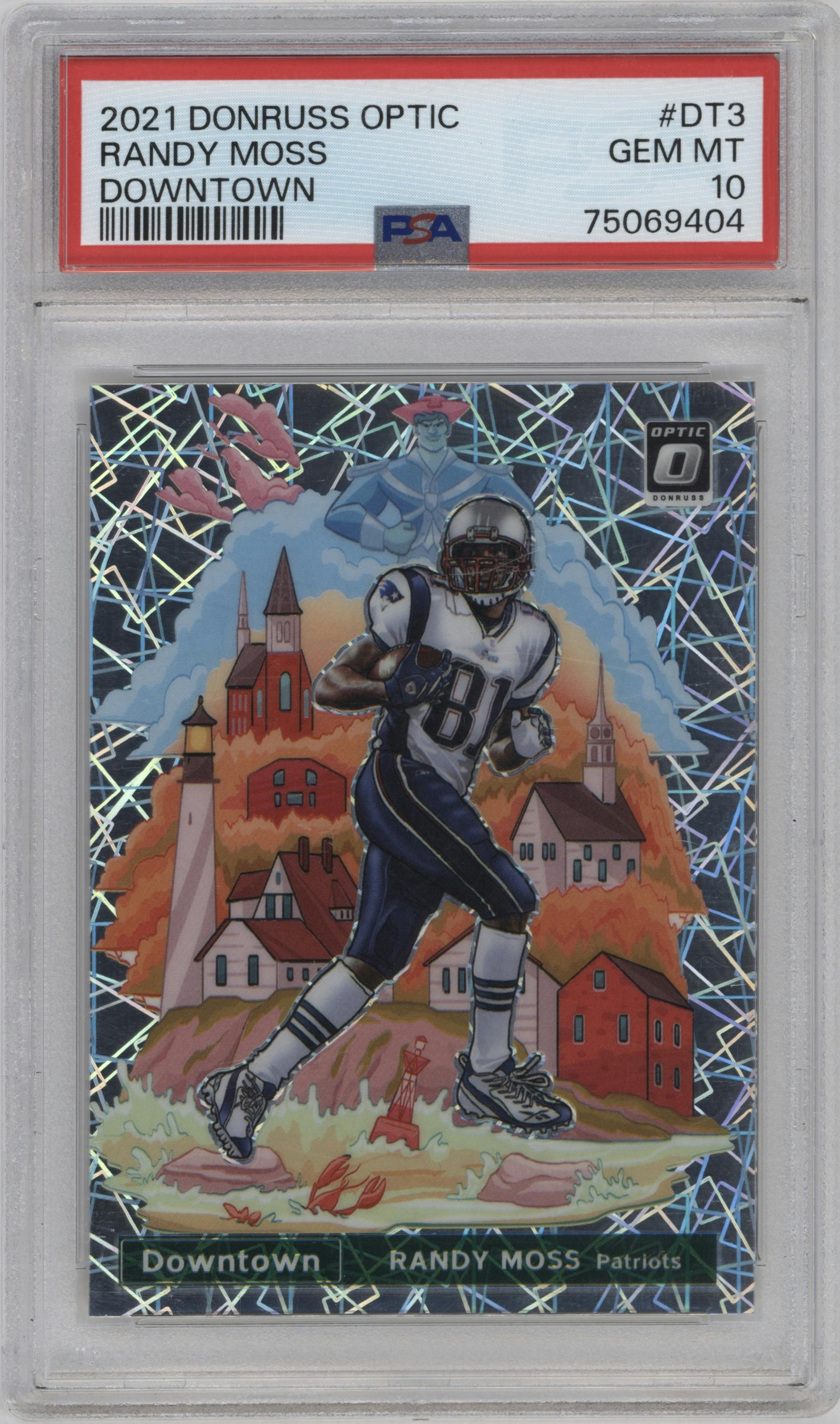 Randy Moss from the 2021 Panini Donruss Optic set graded by PSA and given an overall grade of 10.