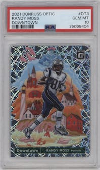 Randy Moss from the 2021 Panini Donruss Optic set graded by PSA and given an overall grade of 10.