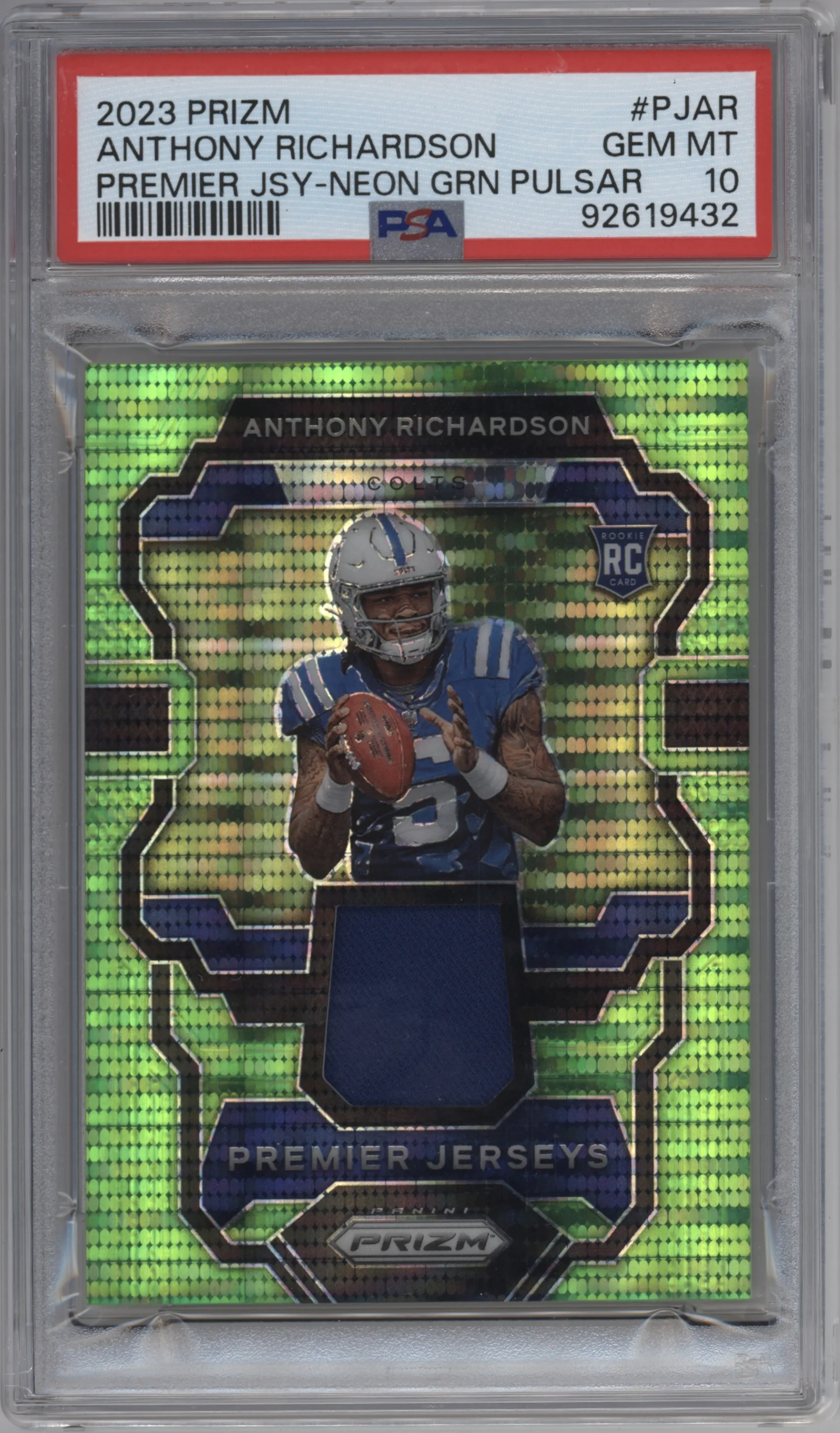 Anthony Richardson from the 2023 Panini Prizm set featuring a Neon Green Pulsar parallel graded by PSA and given an overall grade of 10.