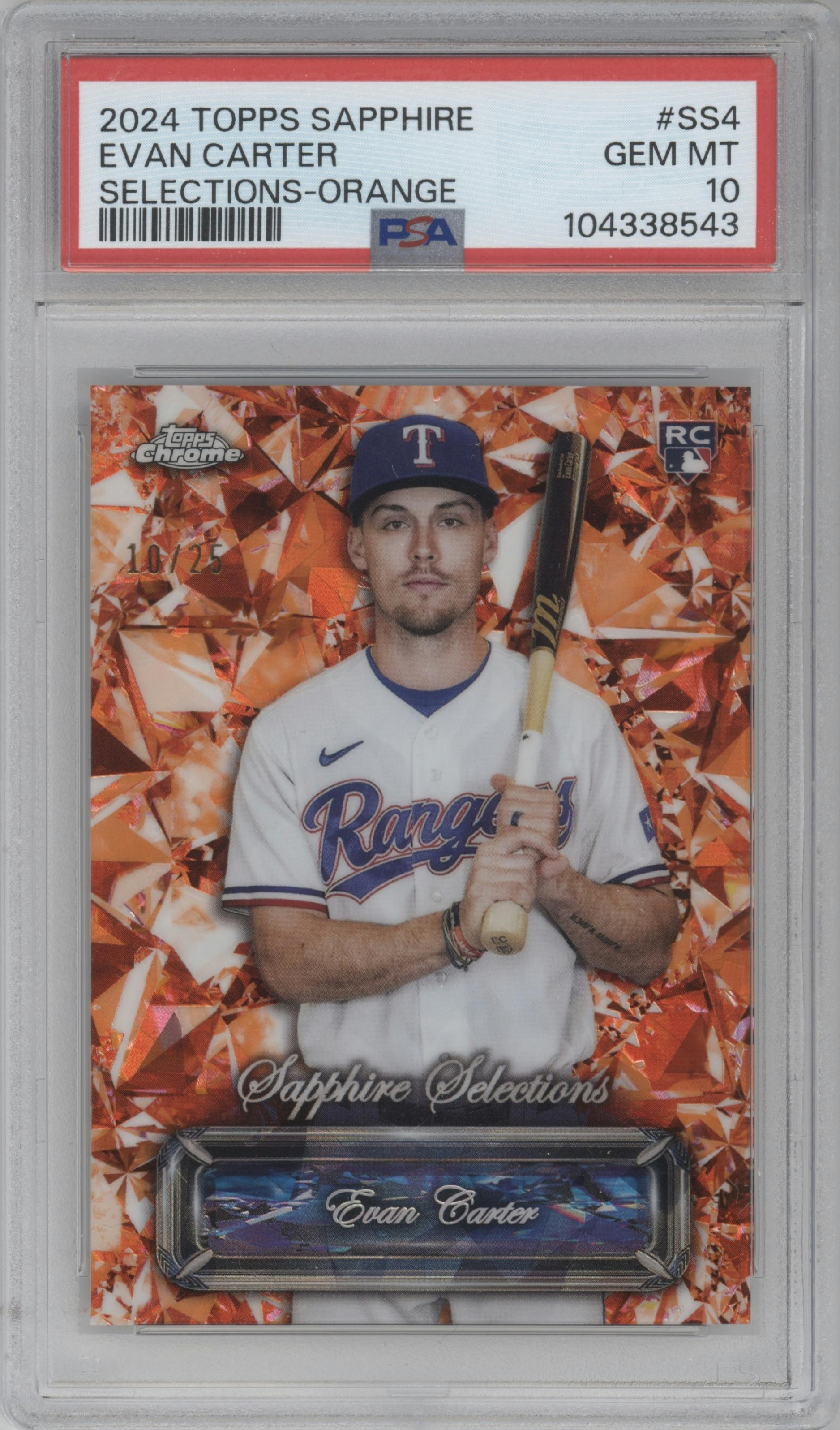 Evan Carter from the 2024 Topps Chrome Sapphire set featuring a Orange parallel graded by PSA and given an overall grade of 10.