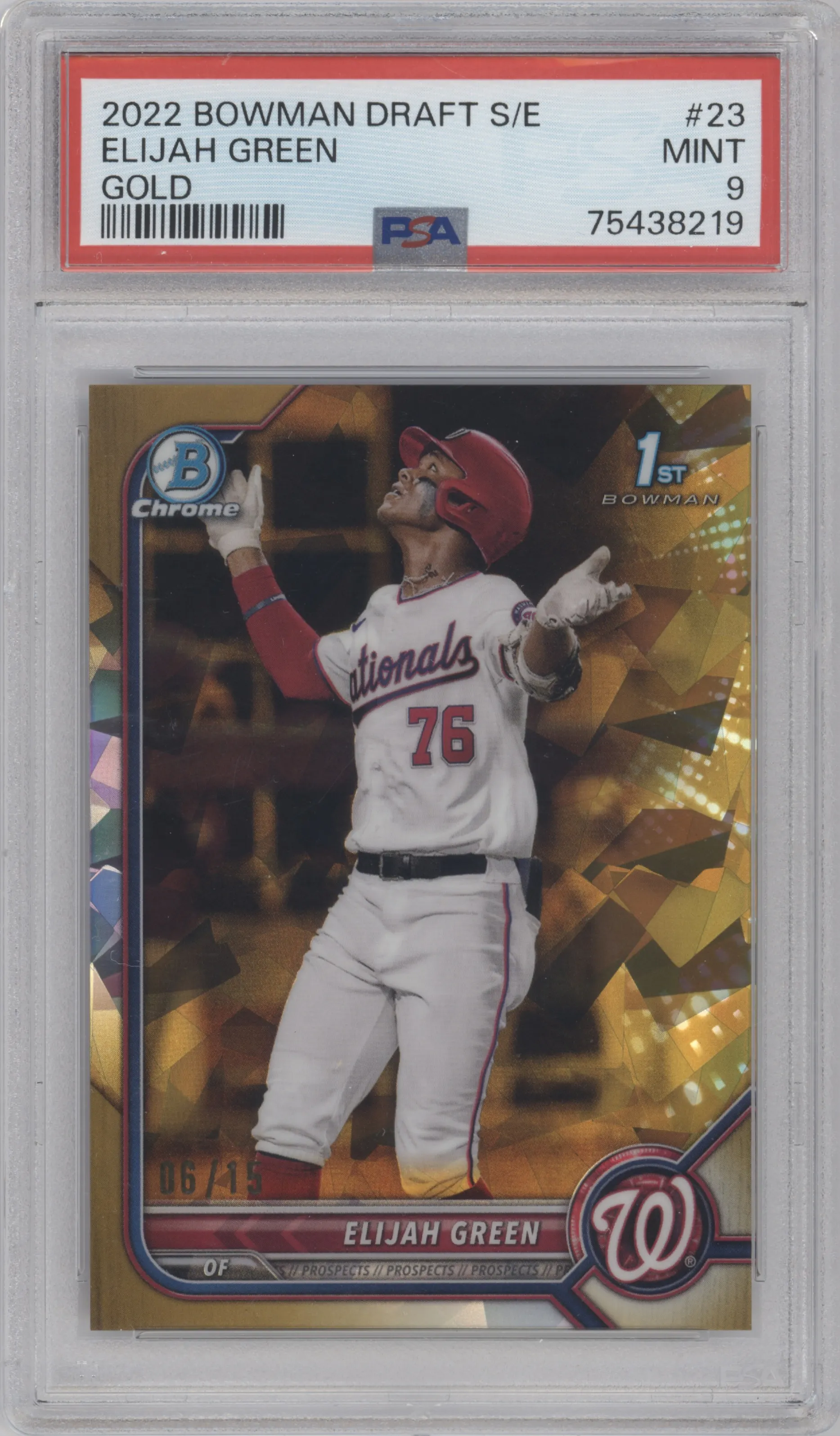 Elijah Green from the 2022 Bowman Draft Sapphire Edition set featuring a Gold parallel graded by PSA and given an overall grade of 9.