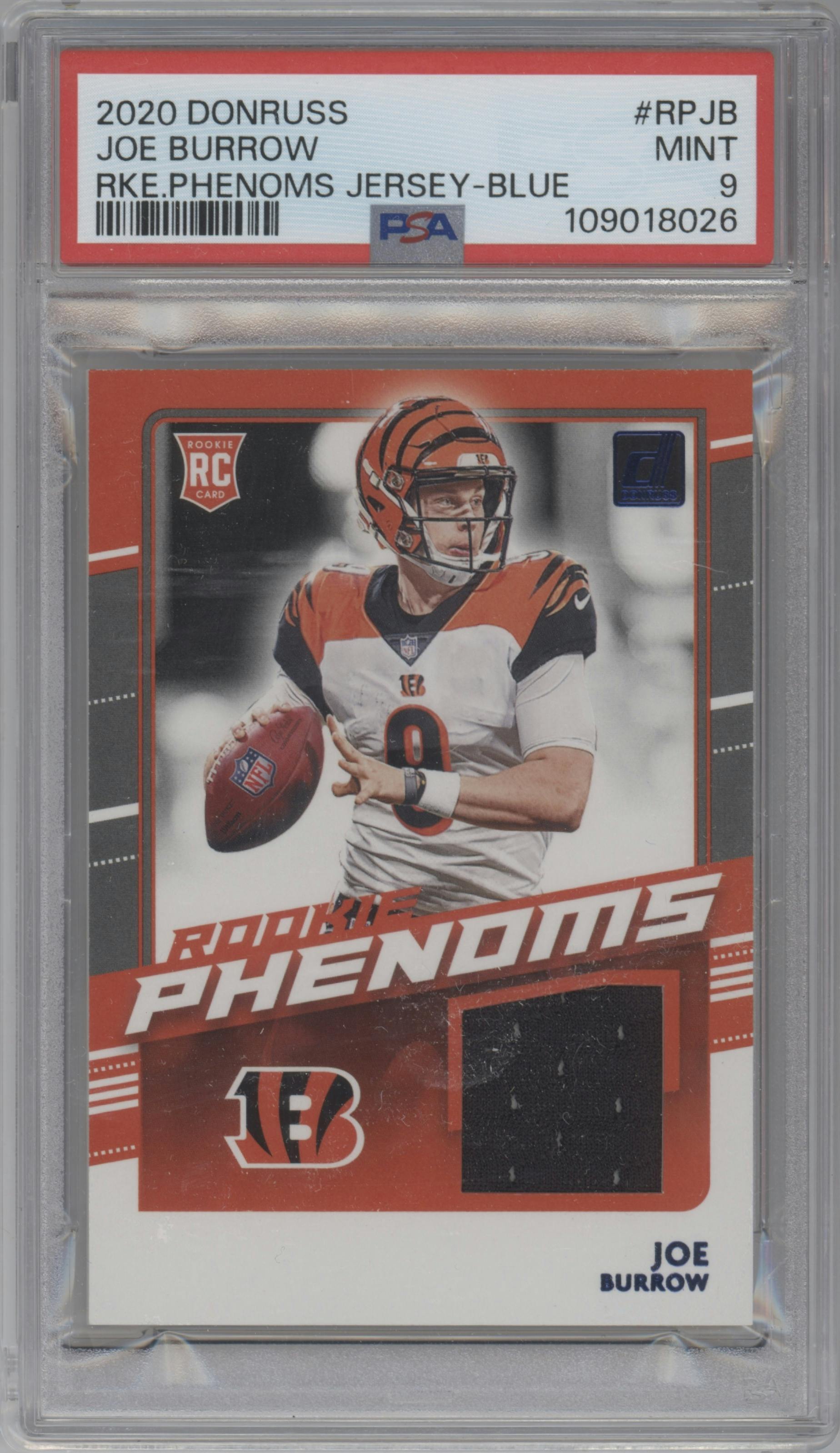 Joe Burrow from the 2020 Panini Donruss set featuring a Blue parallel graded by PSA and given an overall grade of 9.