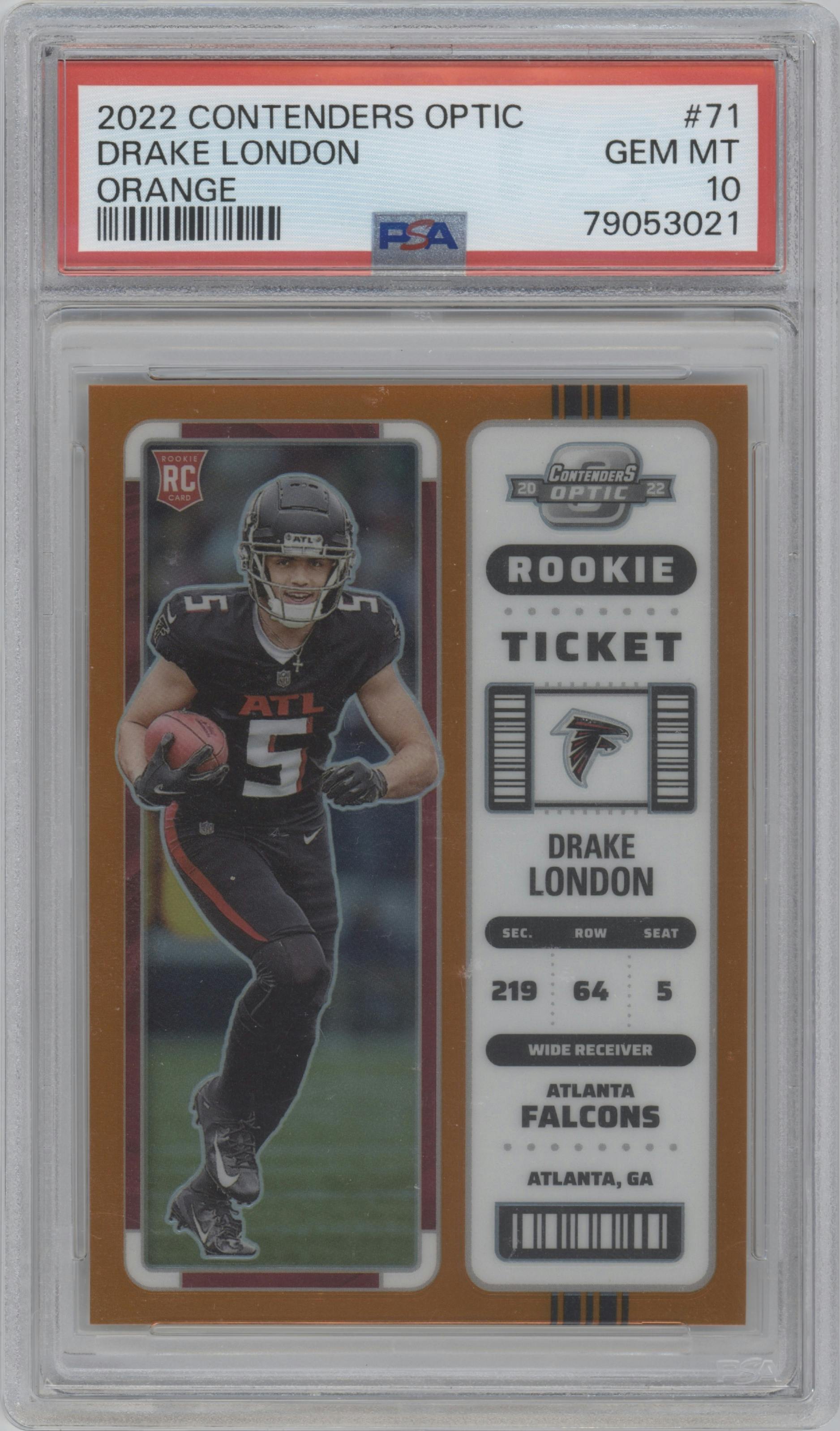 Drake London from the 2022 Panini Contenders Optic set featuring a Orange parallel graded by PSA and given an overall grade of 10.