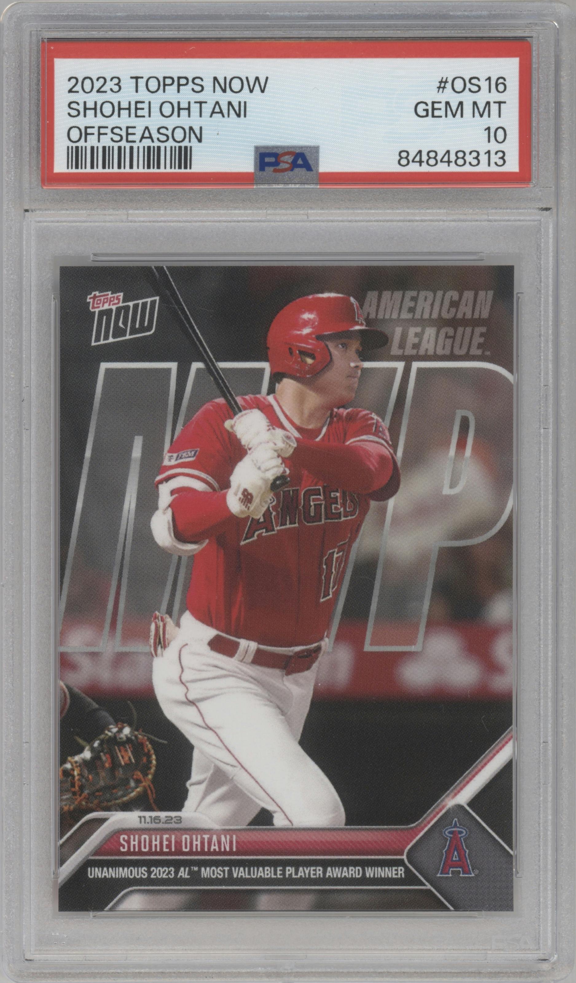 Shohei Ohtani from the 2023 Topps Now set graded by PSA and given an overall grade of 10.