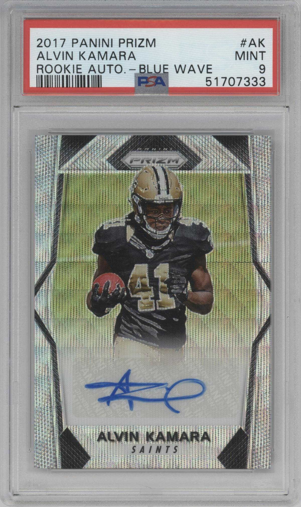 Alvin Kamara from the 2017 Panini Prizm set featuring a Blue Wave parallel graded by PSA and given an overall grade of 9.