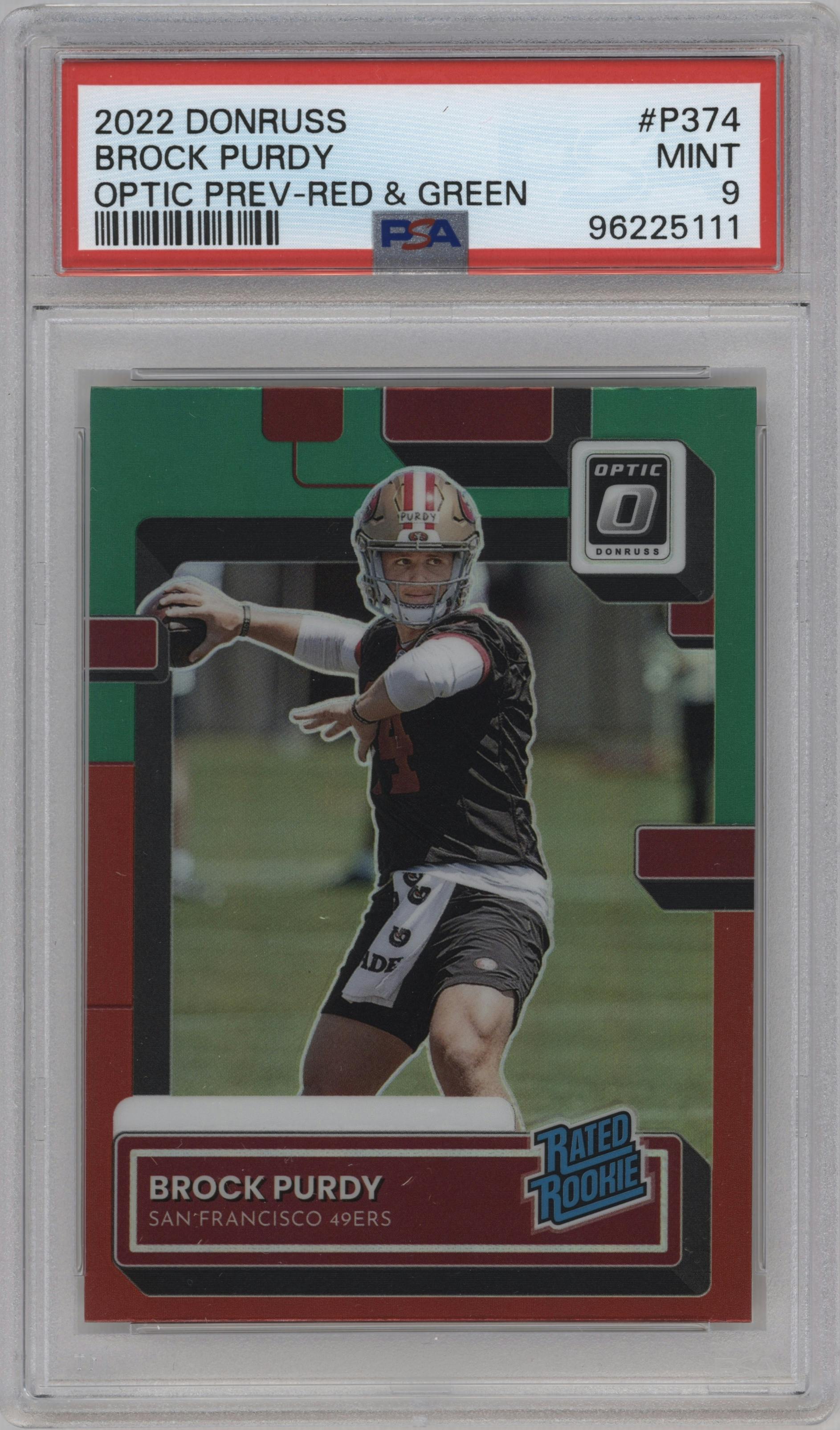 Brock Purdy from the 2022 Panini Donruss set featuring a Red & Green parallel graded by PSA and given an overall grade of 9.