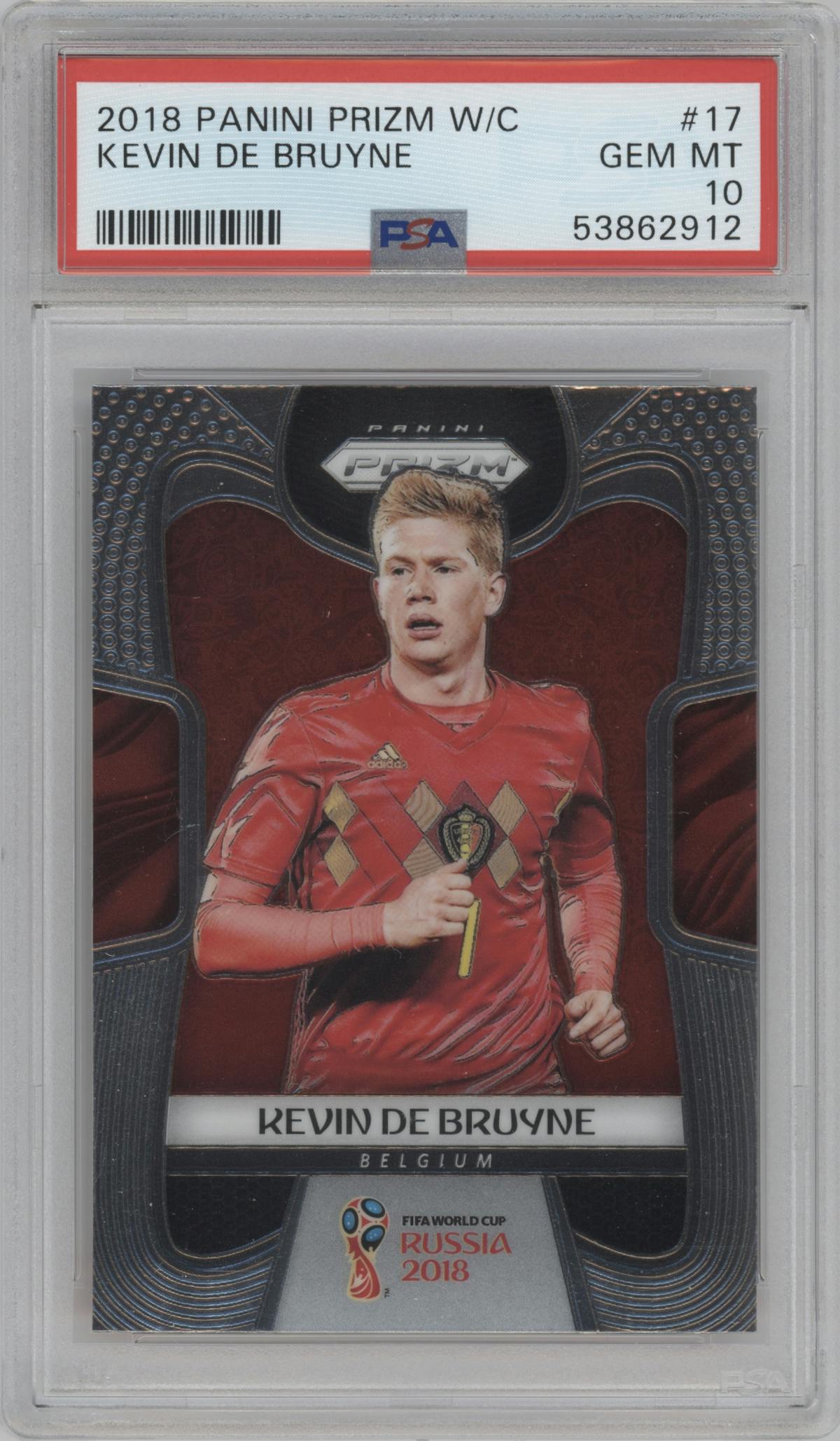 Kevin De Bruyne from the 2018 Panini Prizm World Cup set graded by PSA and given an overall grade of 10.