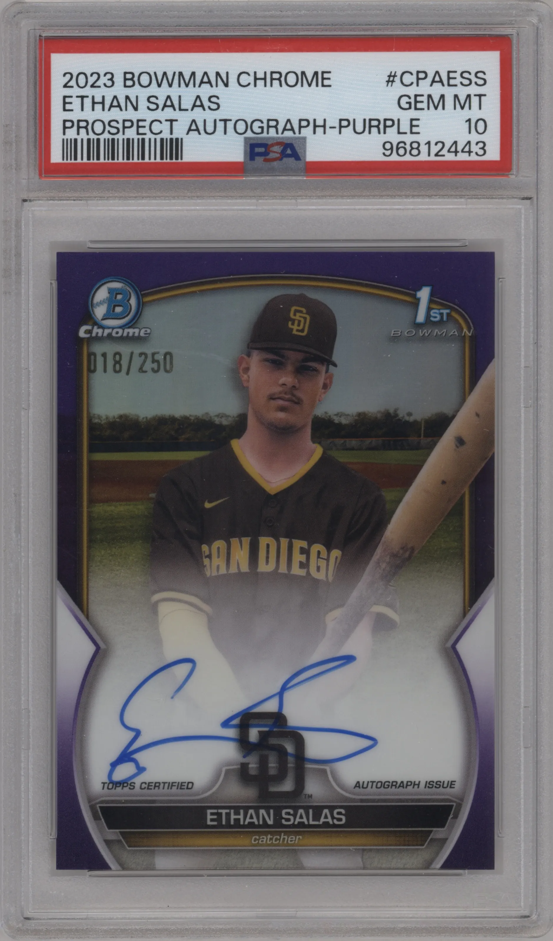 2023 Bowman Chrome Chr.Pros.Auto Ethan Salas Purple Refractor #CPA-ESS PSA 10