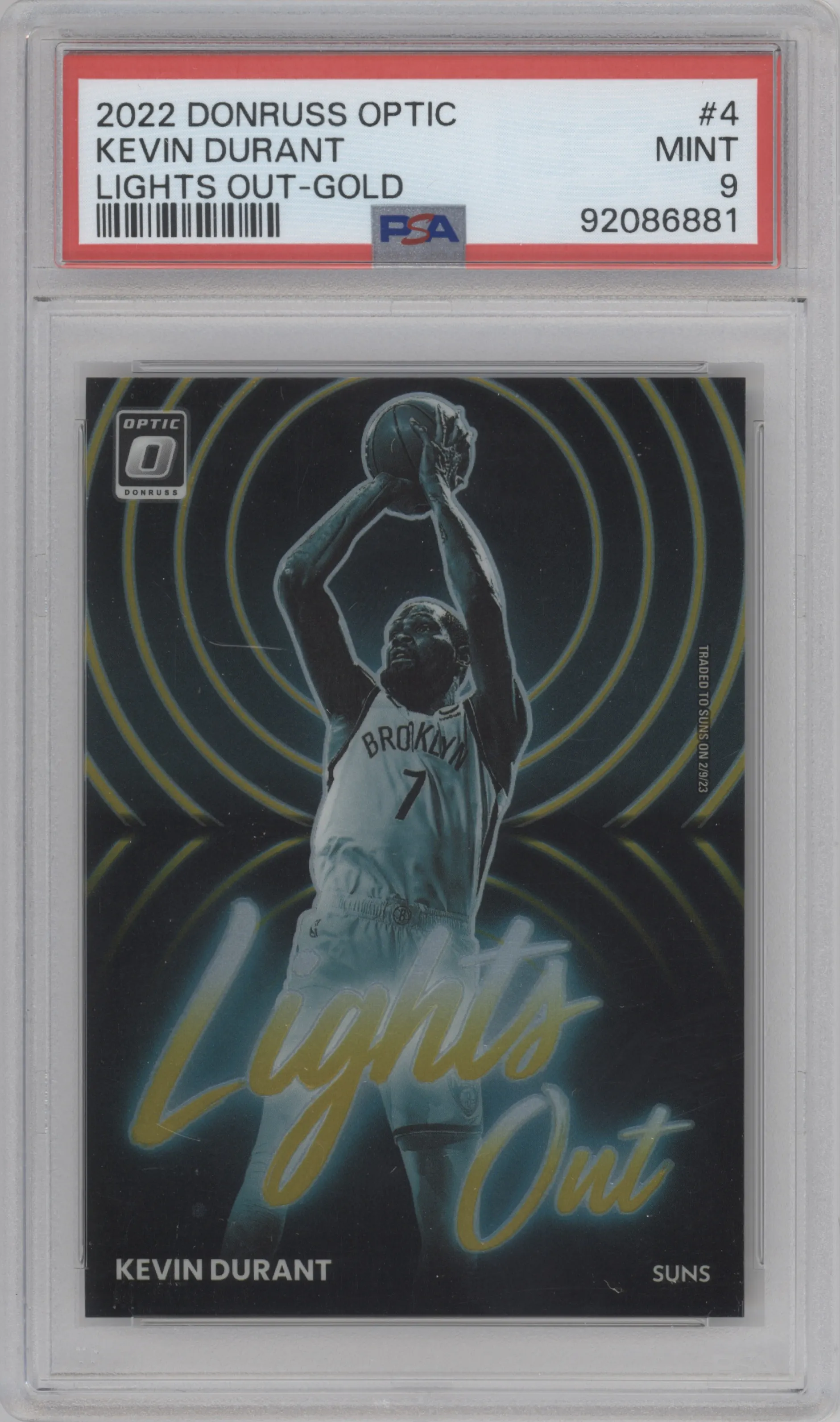 Kevin Durant  from the 2022-23 Panini Donruss Optic  set featuring a Gold  parallel graded by PSA and given an overall grade of 9.