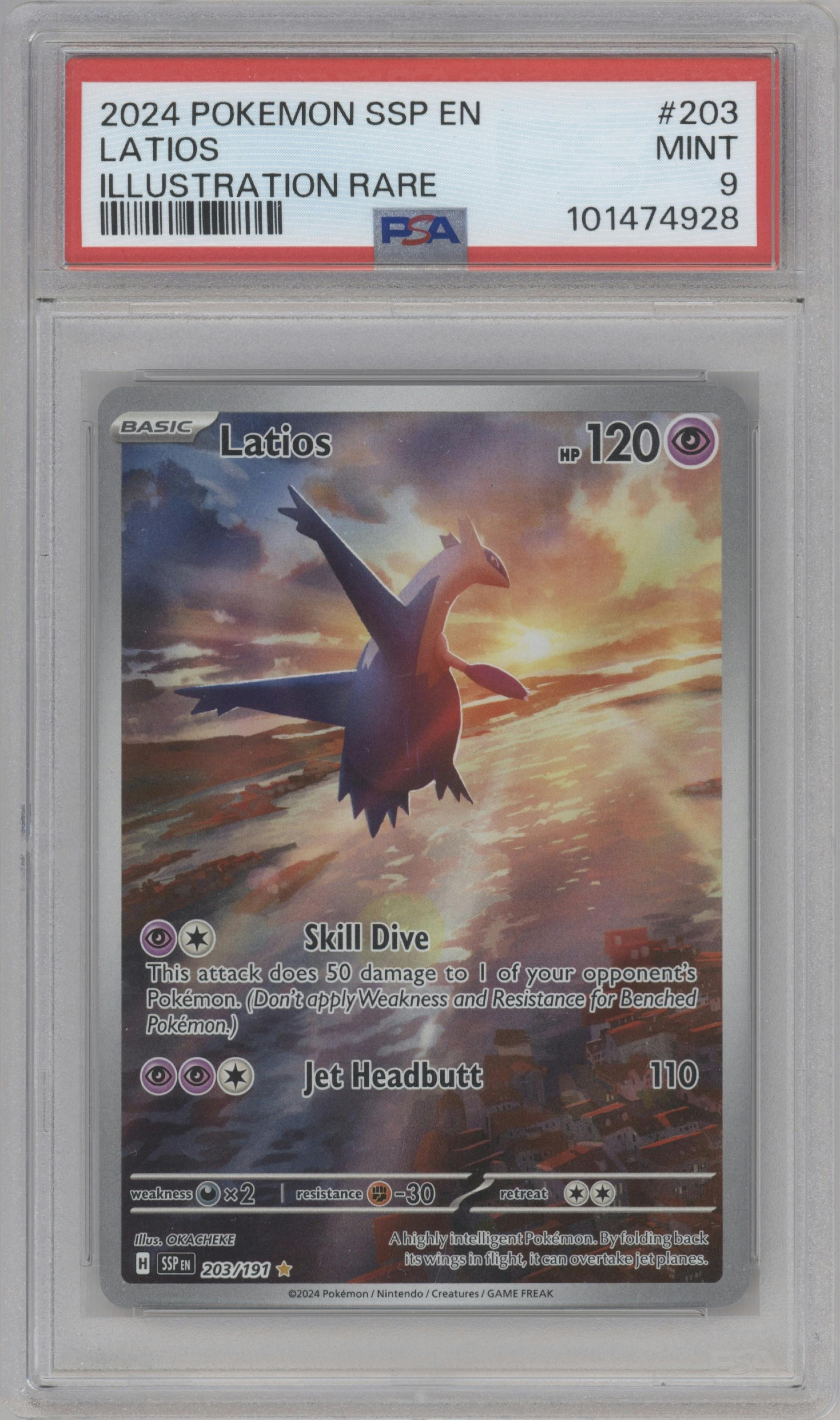 Latios from the 2024 Pokemon SV set graded by PSA and given an overall grade of 9.