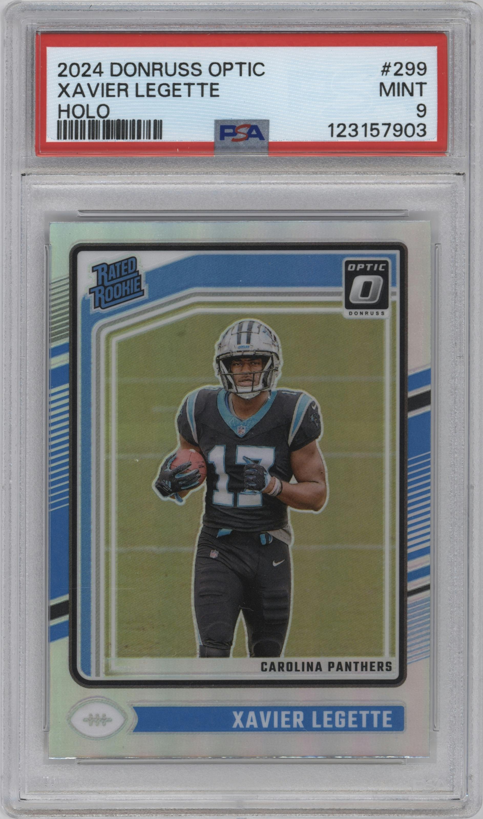 Xavier Legette from the 2024 Donruss Optic set featuring a Holo parallel graded by PSA and given an overall grade of 9.