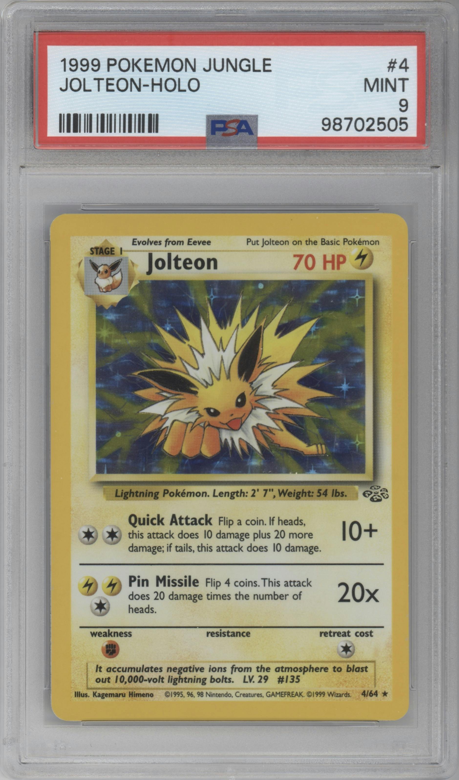 Jolteon from the 1999 Pokemon set graded by PSA and given an overall grade of 9.