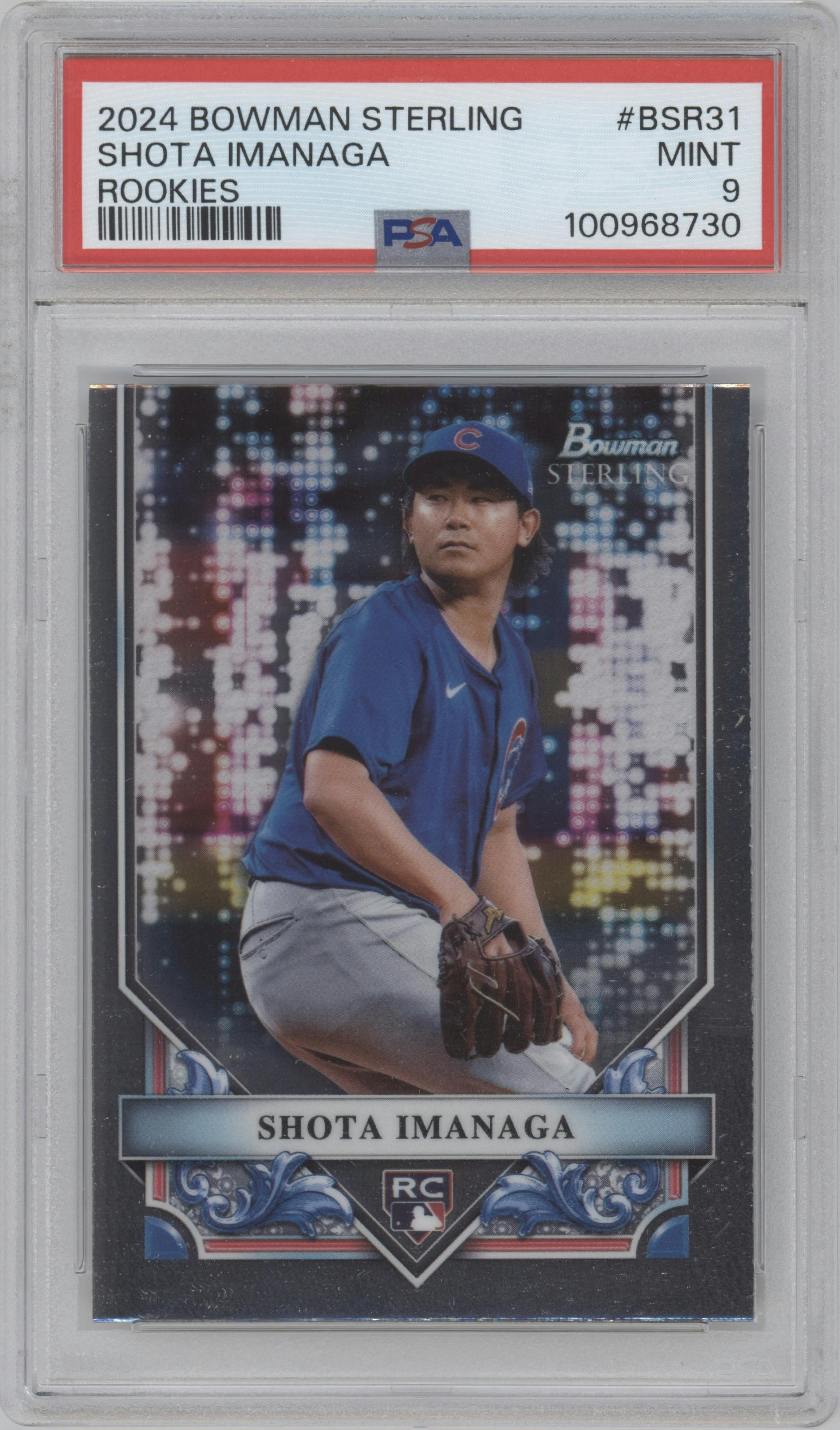Shota Imanaga from the 2024 Bowman Sterling set graded by PSA and given an overall grade of 9.