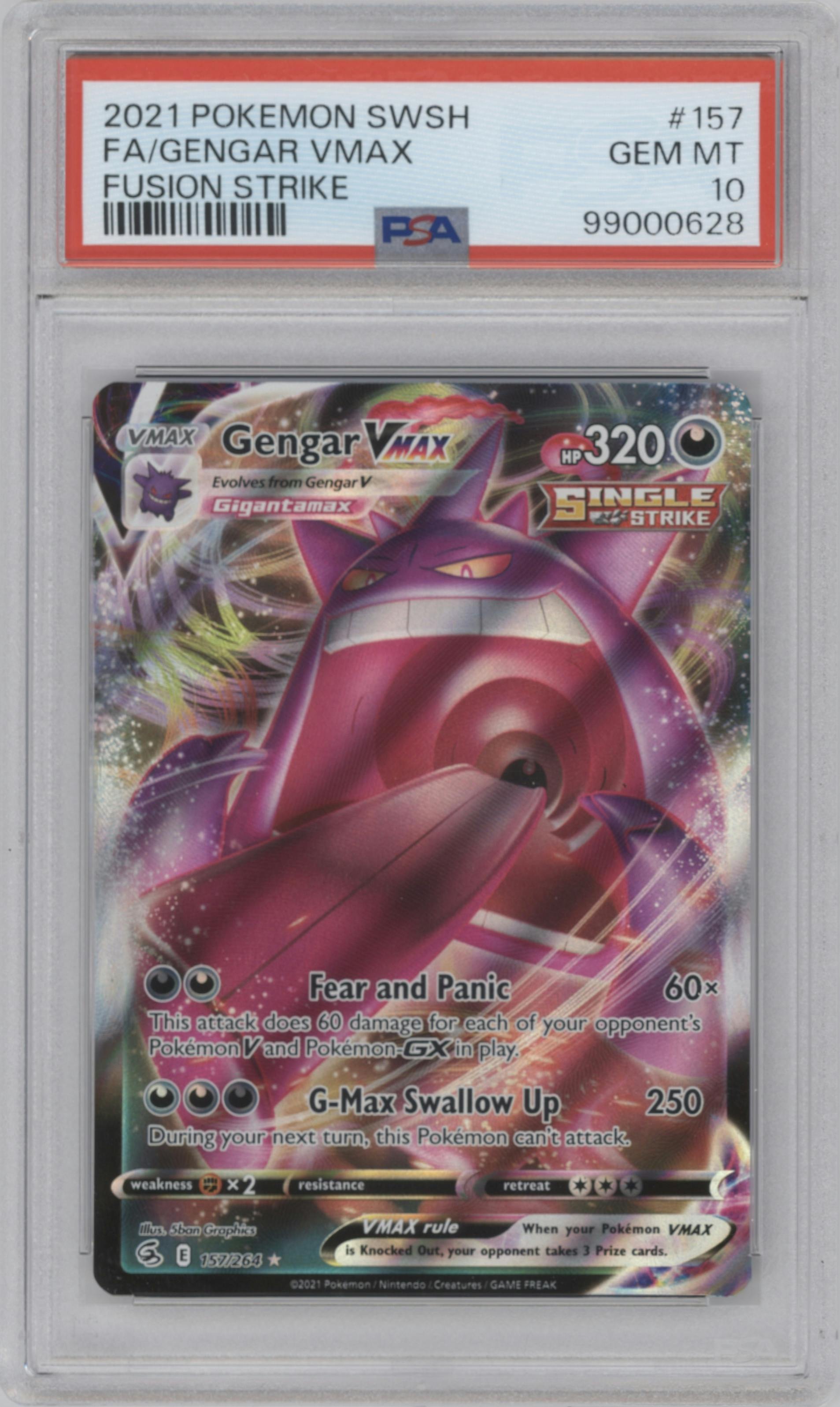 Gengar VMAX from the 2021 Pokemon SWSH set graded by PSA and given an overall grade of 10.