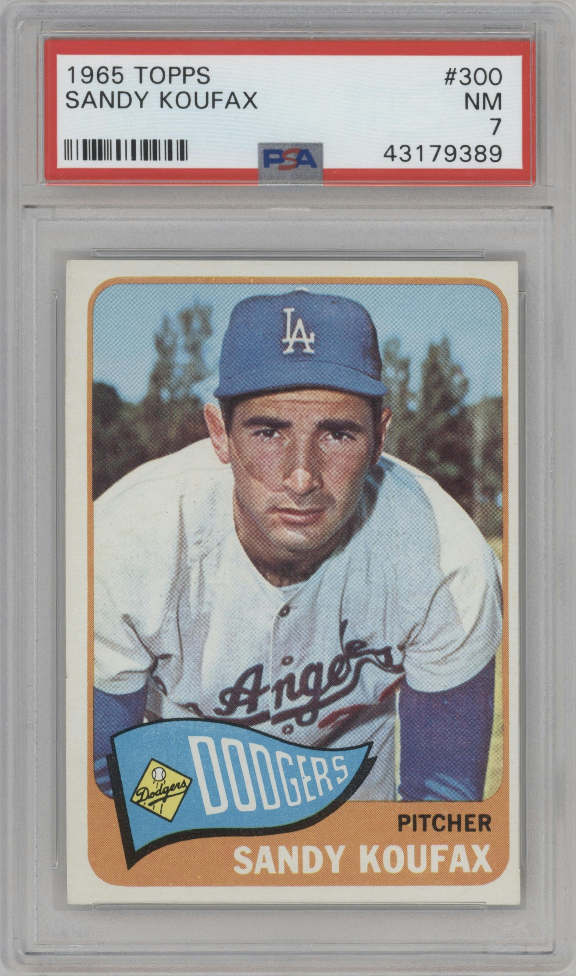 Sandy Koufax from the 1965 Topps set graded by PSA and given an overall grade of 7.