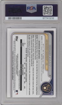 Cooper Pratt from the 2024 Bowman set featuring a Blue Refractor parallel graded by PSA and given an overall grade of 10.