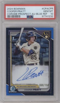Cooper Pratt from the 2024 Bowman set featuring a Blue Refractor parallel graded by PSA and given an overall grade of 10.