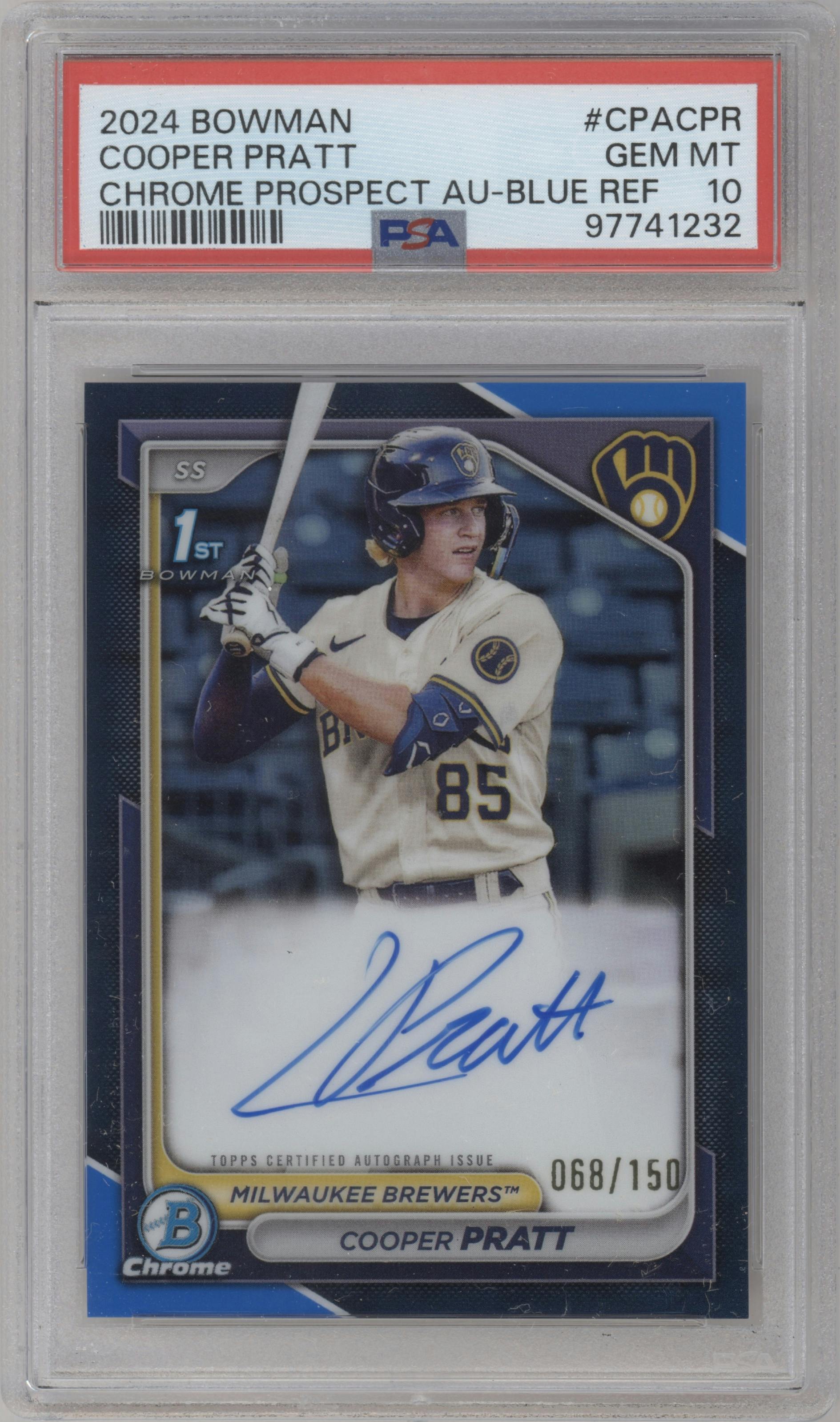 Cooper Pratt from the 2024 Bowman set featuring a Blue Refractor parallel graded by PSA and given an overall grade of 10.