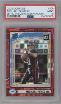 Michael Penix Jr.  from the 2024 Donruss set featuring a Red Pandora parallel graded by PSA and given an overall grade of 9.