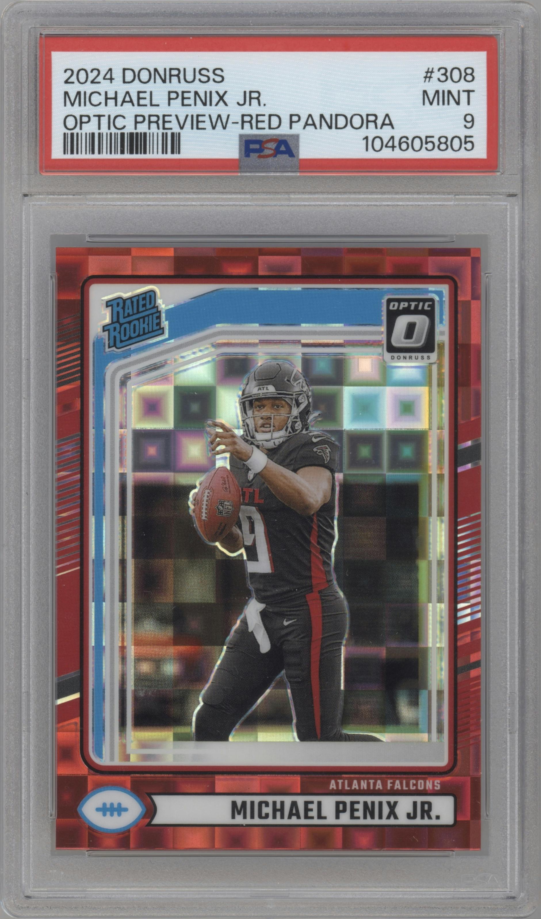 Michael Penix Jr.  from the 2024 Donruss set featuring a Red Pandora parallel graded by PSA and given an overall grade of 9.