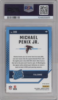 Michael Penix Jr.  from the 2024 Donruss set featuring a Red Pandora parallel graded by PSA and given an overall grade of 9.